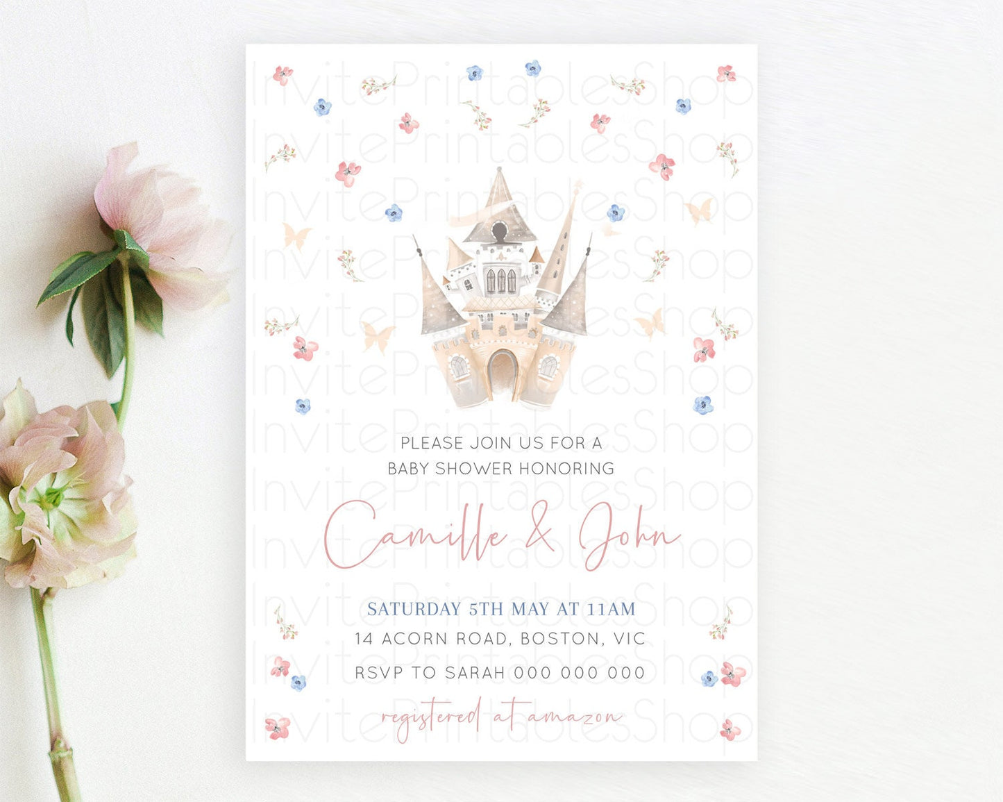 Pastel Princess Baby Shower Invitation Floral Castle Invitation Royal Baby Invite Enchanted Castle Pastel Flower Garden Baby Shower D10364