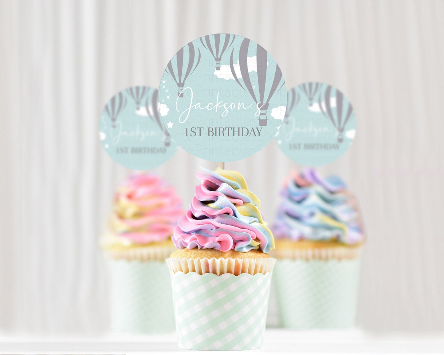 Hot Air Balloon Cupcake Toppers Adventure Awaits Up & Away Glitter Blue Watercolor Cupcake Topper Hot Air Balloon Party Decor D10324
