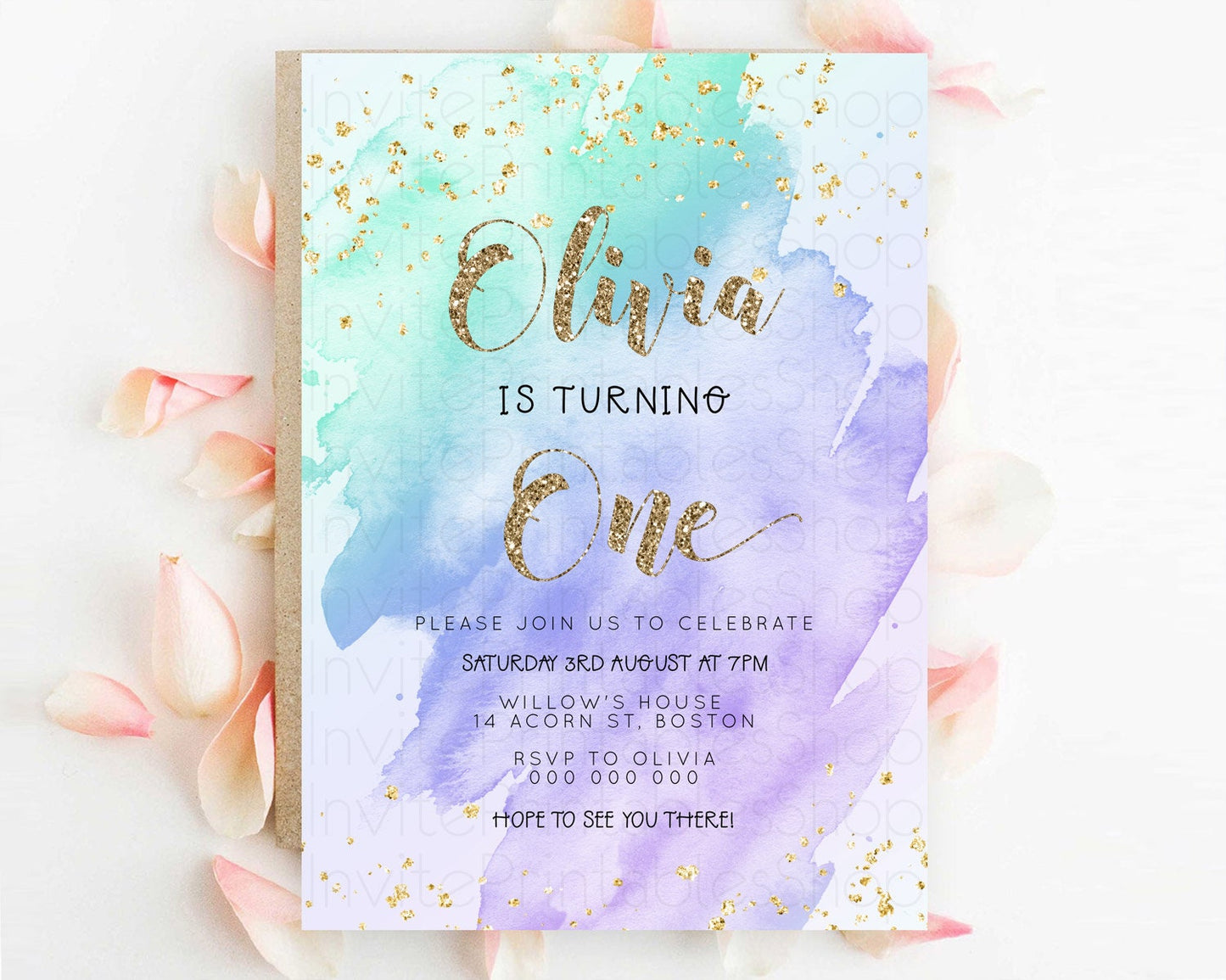 Rainbow Birthday Invitation Colorful Pastel Watercolor Invitation Gold Glitter Sprinkles Ombre Pastel 1st 2nd 3rd Birthday D23288