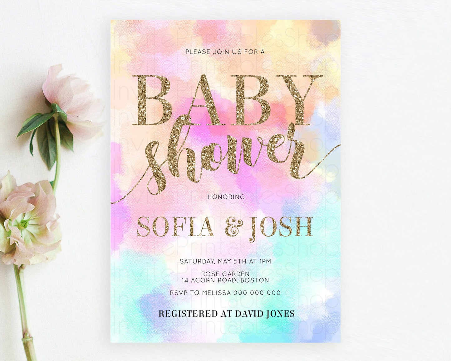 Pastel Baby Shower Invitation Rainbow Baby Shower Invitation Colorful Pastel Watercolor Invitation Gold Glitter Sprinkles Ombre D10669