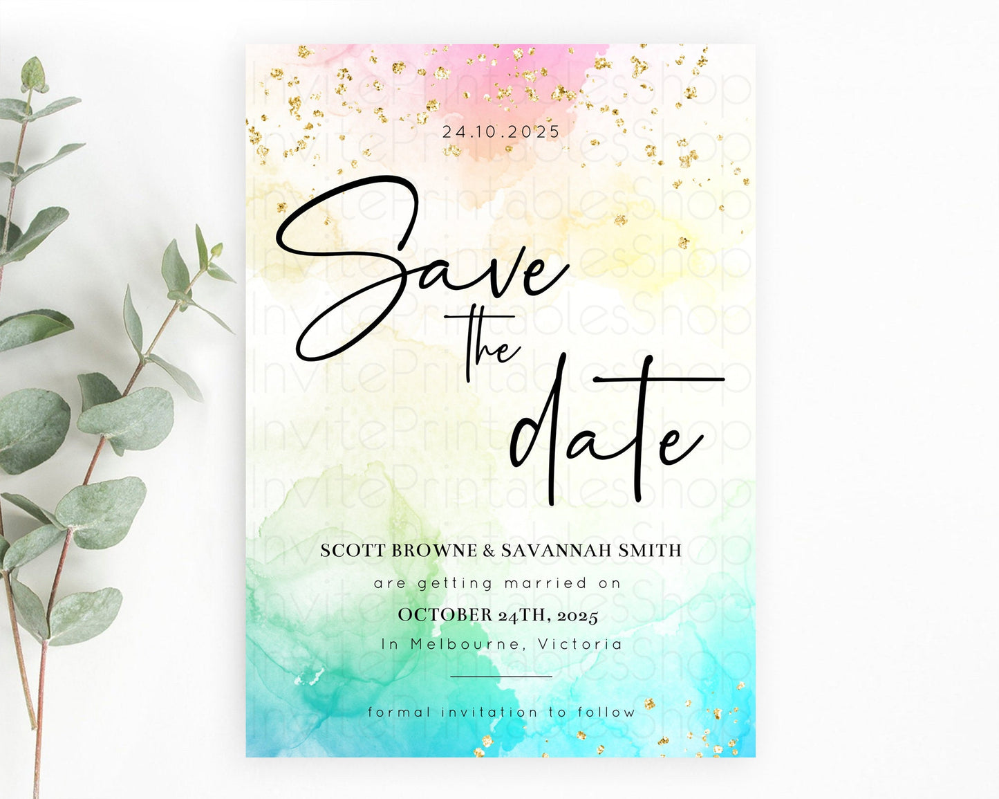 Pastel Save The Date Template Pastel Ombre Rainbow Watercolor Colorful Party For Birthday Baptism Baby Shower Wedding Bridal Shower D10151