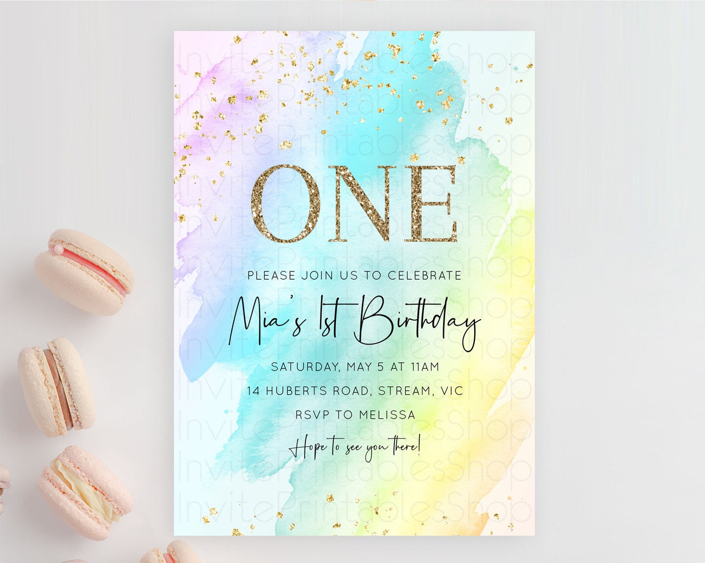 Rainbow Birthday Invitation Colorful Pastel Watercolor Invitation Gold Glitter Sprinkles Ombre Pastel 1st 2nd 3rd Birthday D10171