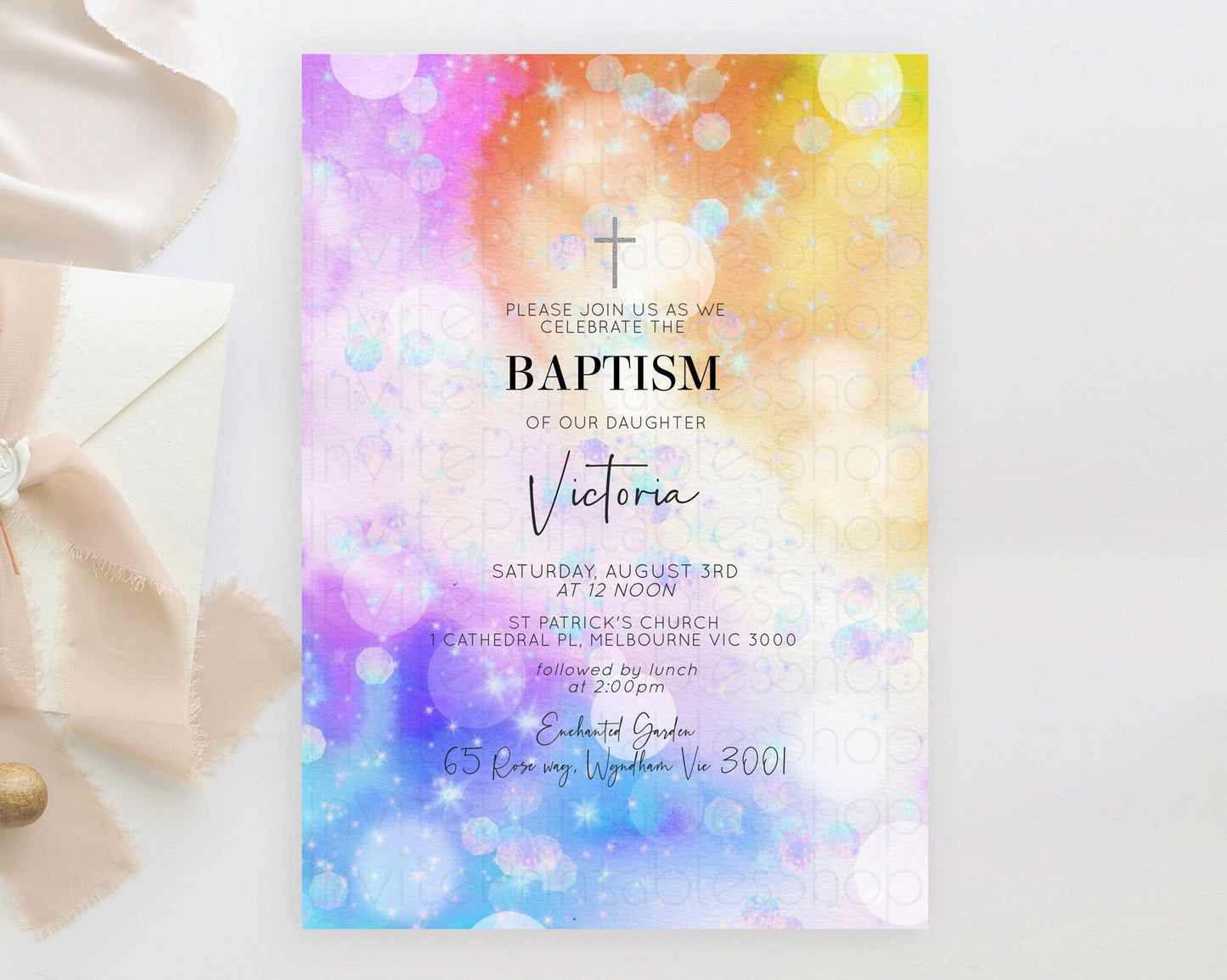 Rainbow Baptism Invitation Colorful Pastel Watercolor Baptism 1st Birthday Invitation Iridescent Glitter Sprinkles Ombre Christening D10690