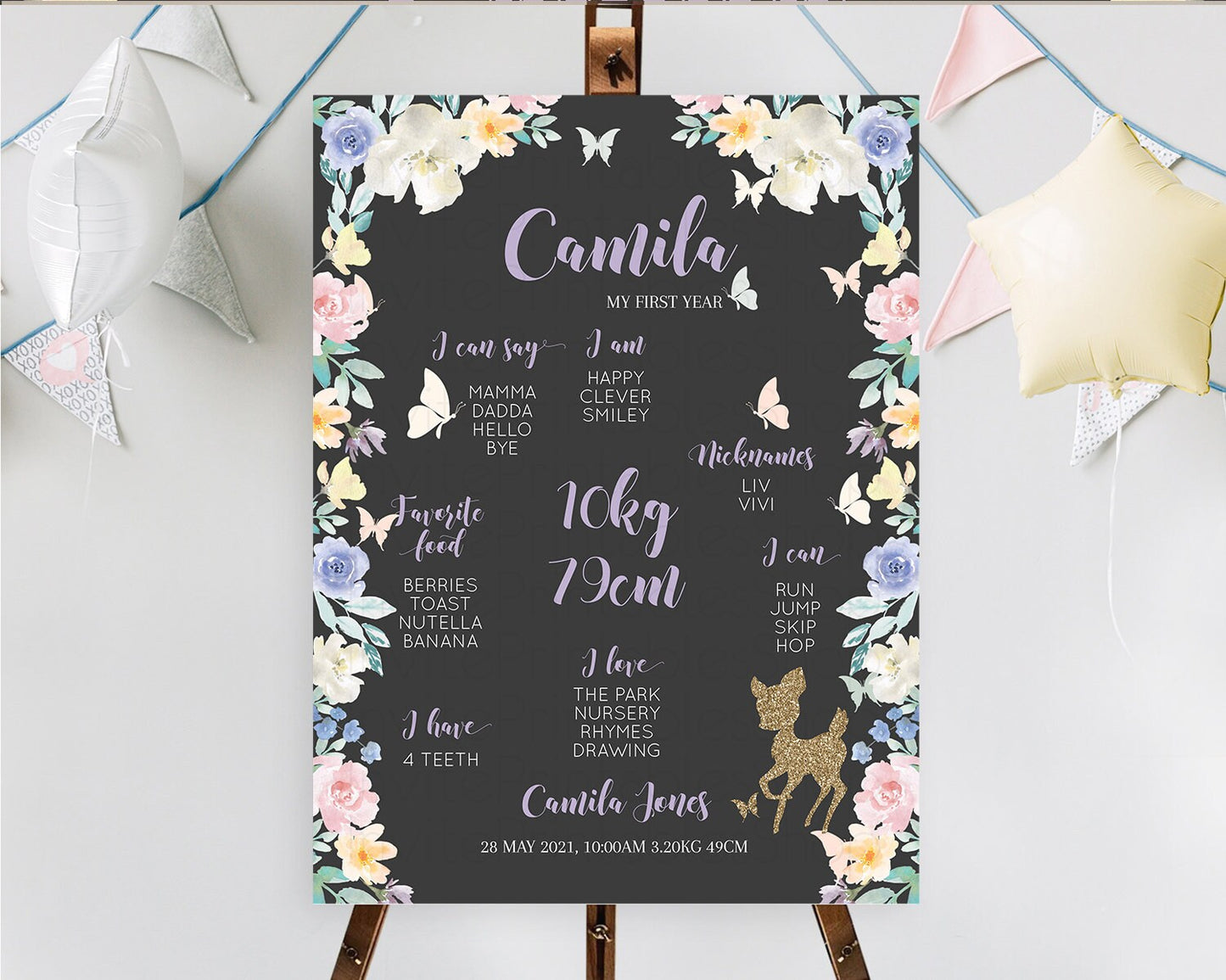 Fawn First Birthday Milestone Board Deer First Birthday Milestone Poster Enchanted Forest Butterfly Pastel Flowers 1st Birthday Sign D10880