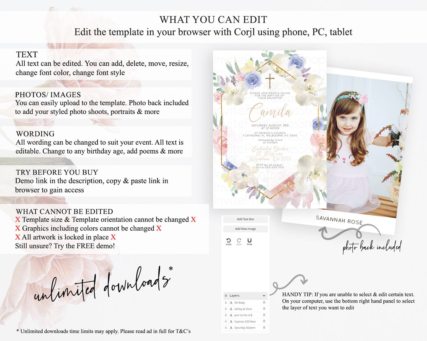 Secret Garden Baptism Invitation Wildflower Baptism Birthday Invite Pastel Flowers Christening Invite Enchanted Garden Boho Floral D10254