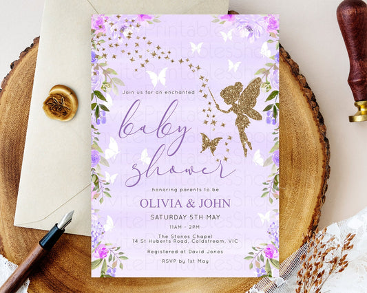 Fairy Baby Shower Invitation, Enchanted Fairy Garden, Secret Garden, Pixie Tea Party, Pastel Purple Flowers, Glitter and Butterflies D10910