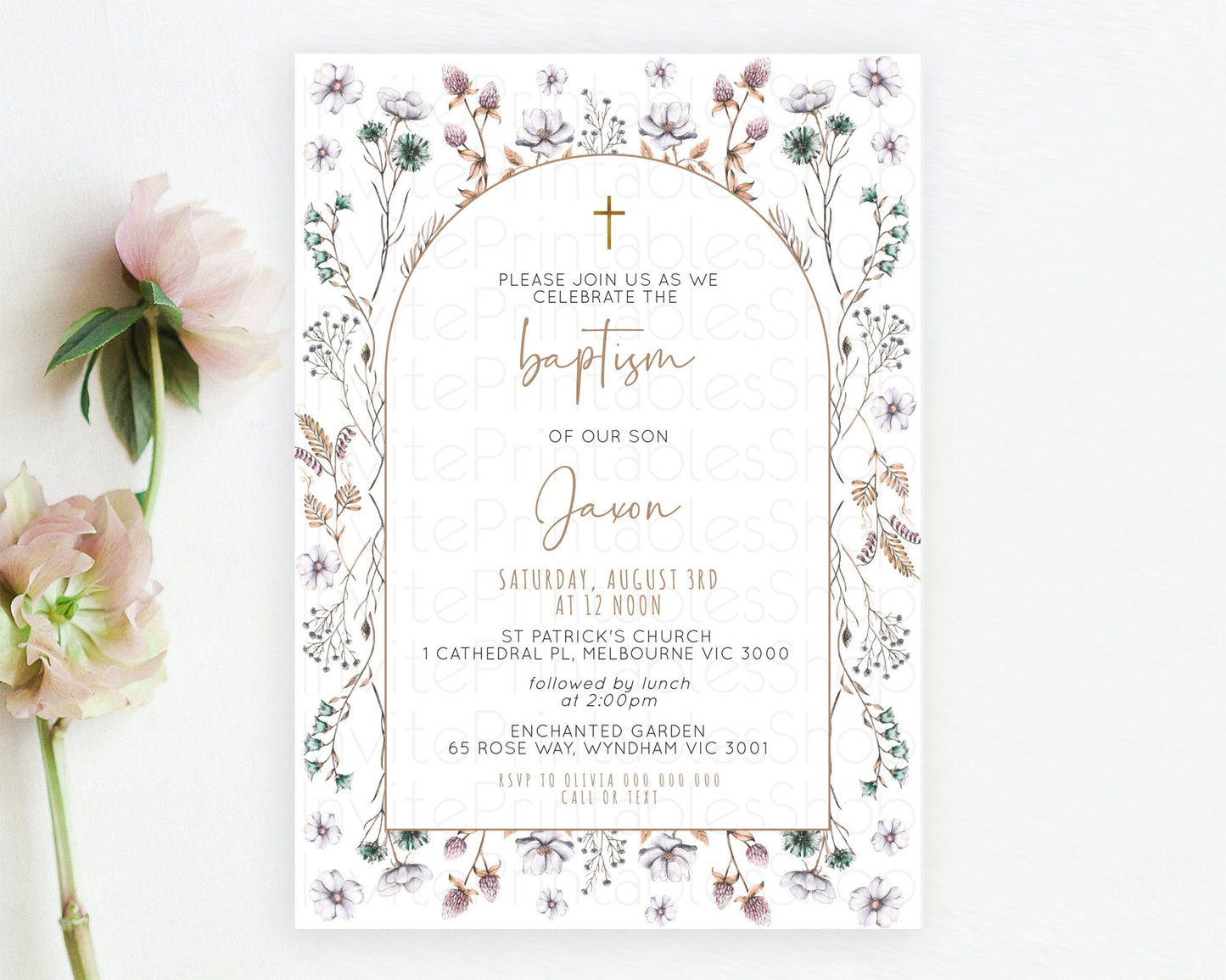 Editable Secret Garden Baptism Invitation Wildflower Baptism Birthday Invite