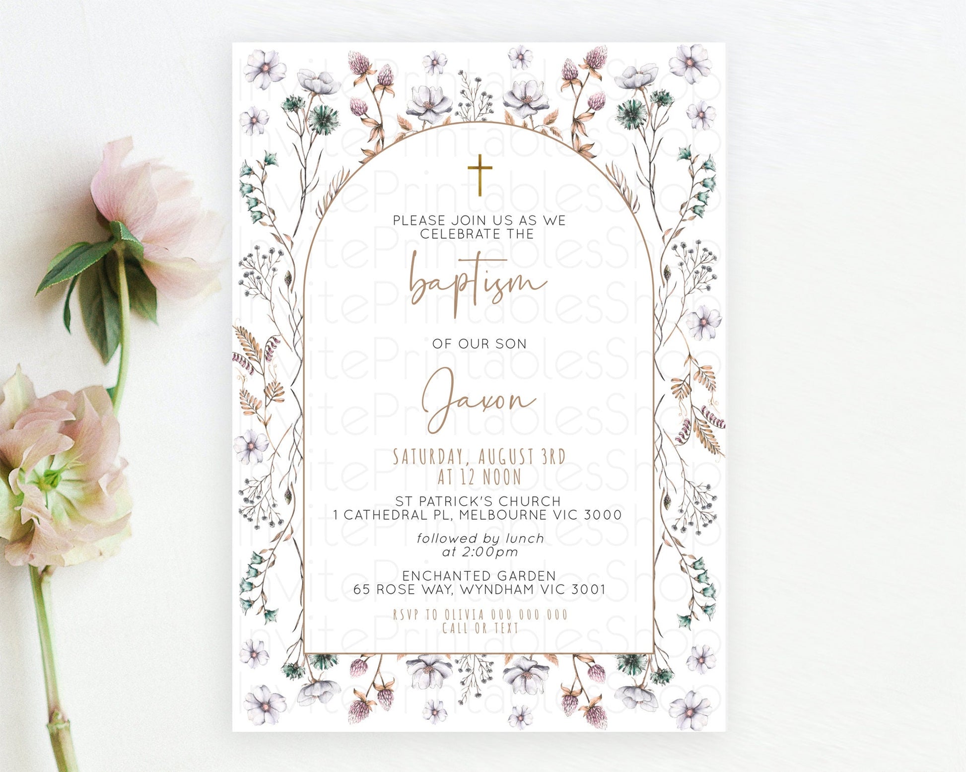 Editable Secret Garden Baptism Invitation Wildflower Baptism Birthday Invite