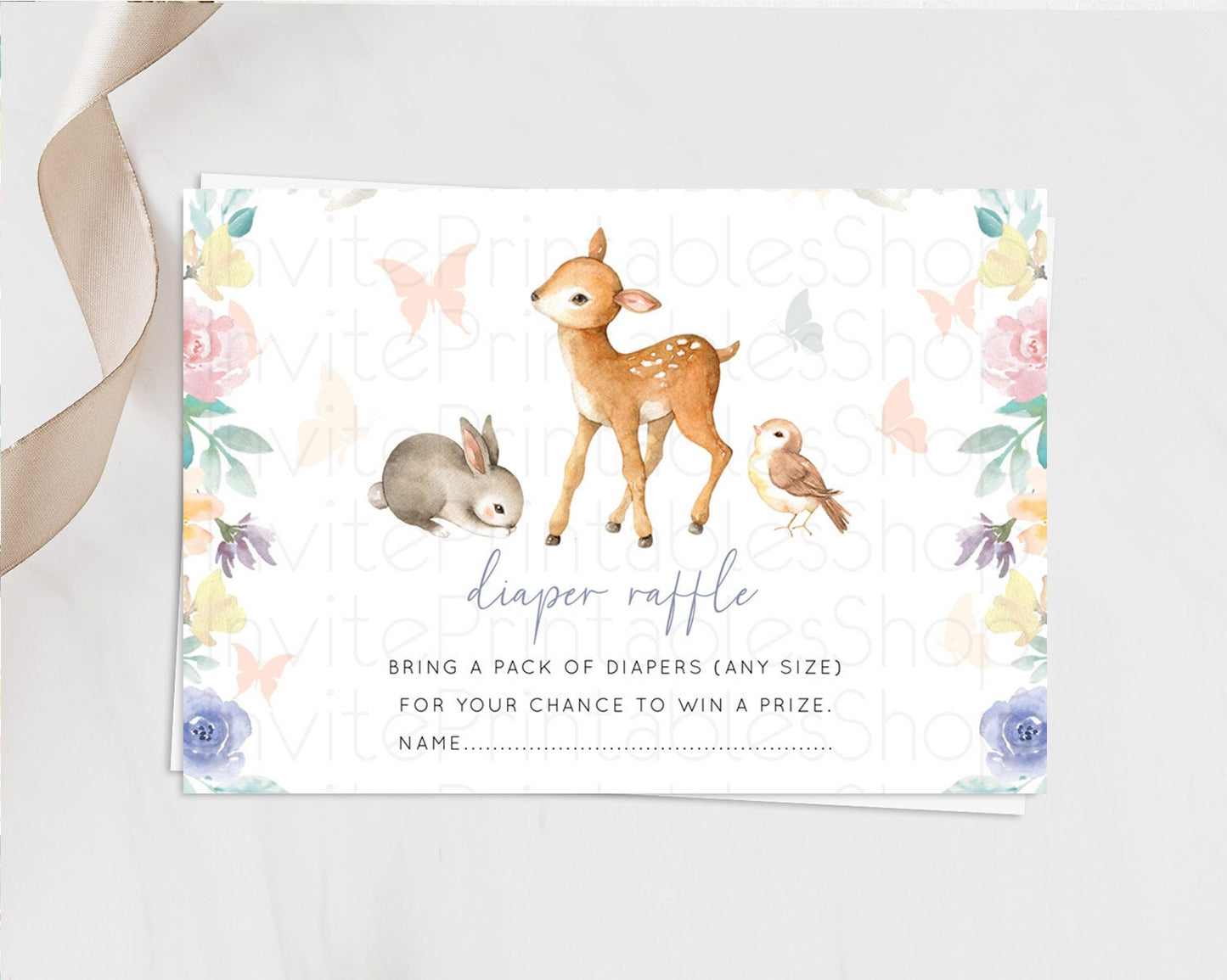 Fawn Diaper Raffle Card Deer Diaper Insert Floral Deer Diaper Ticket Enchanted Forest Butterfly Pastel Baby Shower Raffle Game D10930