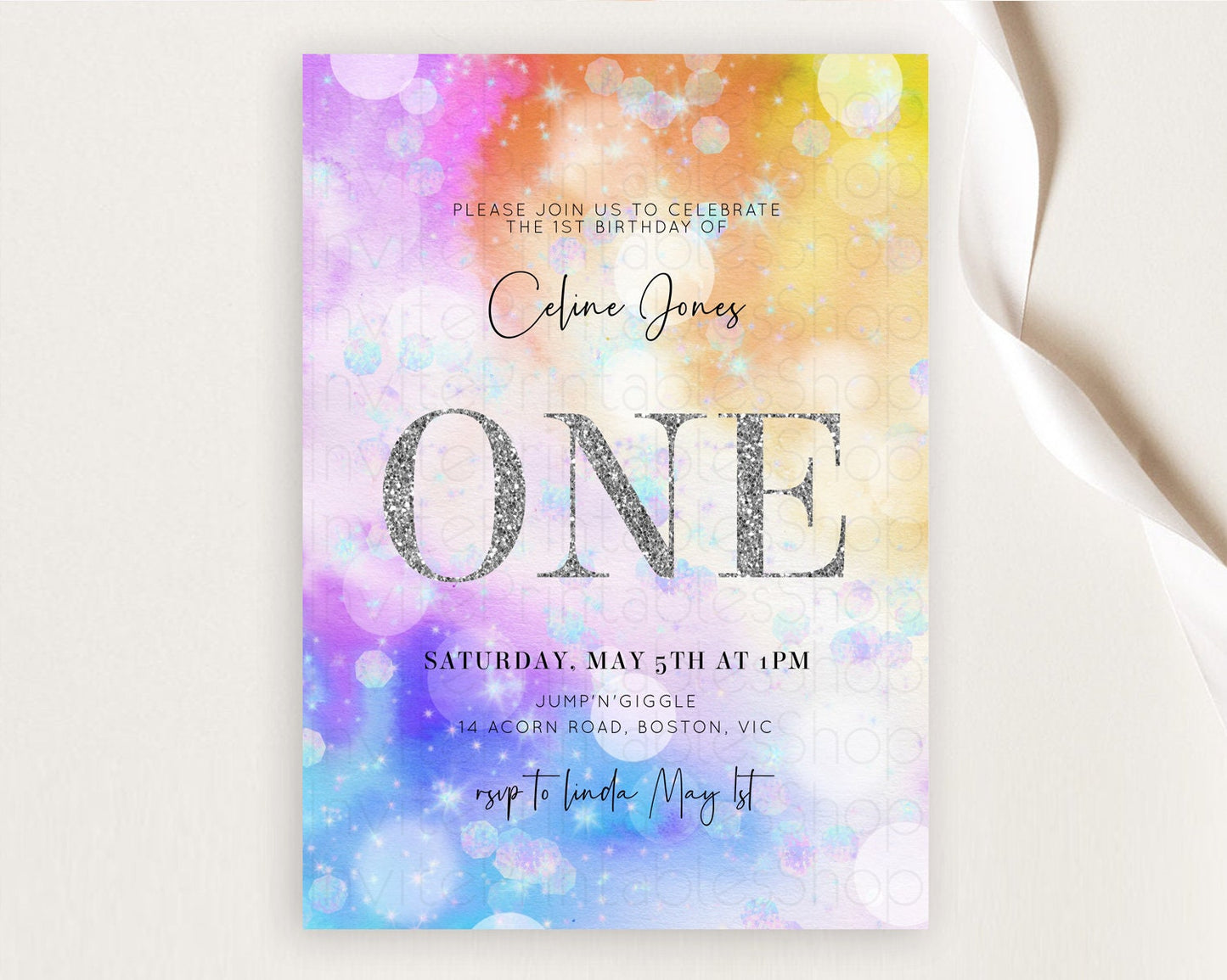 Rainbow Birthday Invitation Colorful Pastel Watercolor Silver Glitter Sprinkles Ombre Pastel Invitation 1st 2nd 3rd First Birthday D10690
