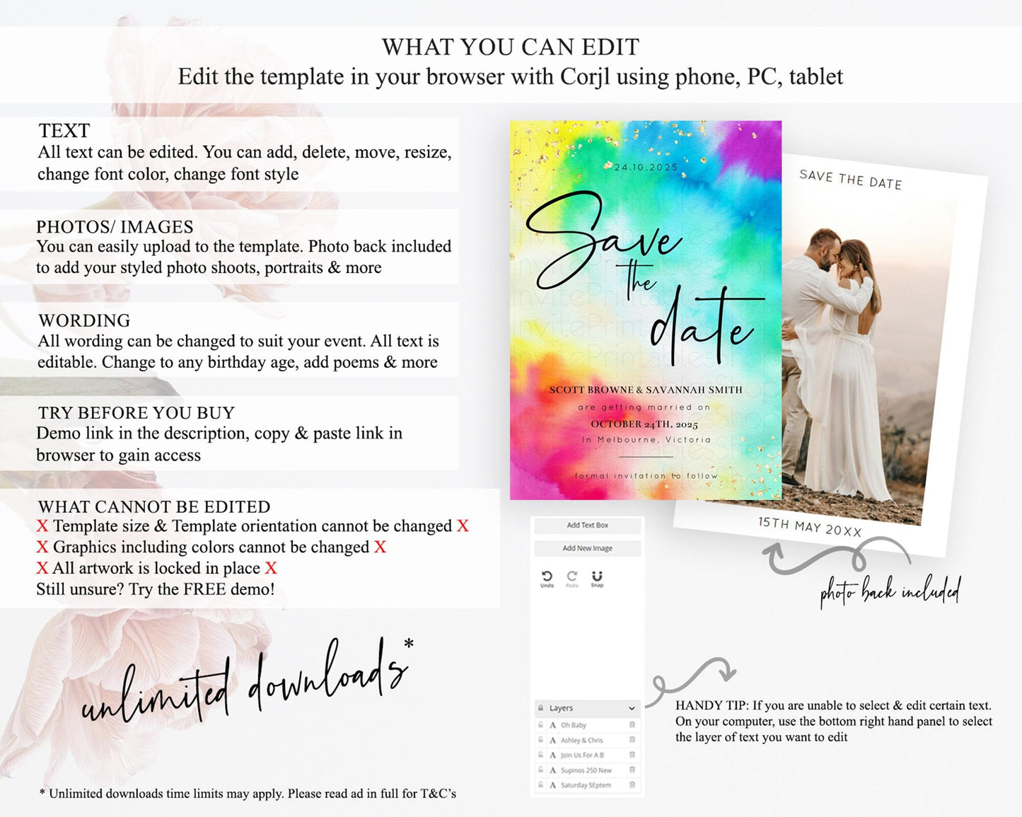 Tie Dye Save The Date Template Rainbow Pastel Ombre Watercolor Party For 1st Birthday Baptism Baby Shower Bridal Shower Wedding D10462
