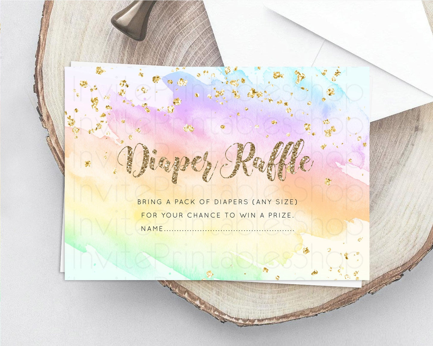 Pastel Diaper Raffle Card Pastel Rainbow Diaper Raffle Insert Colorful Ombre Watercolor Diaper Ticket Confetti Glitter Raffle Game D10643