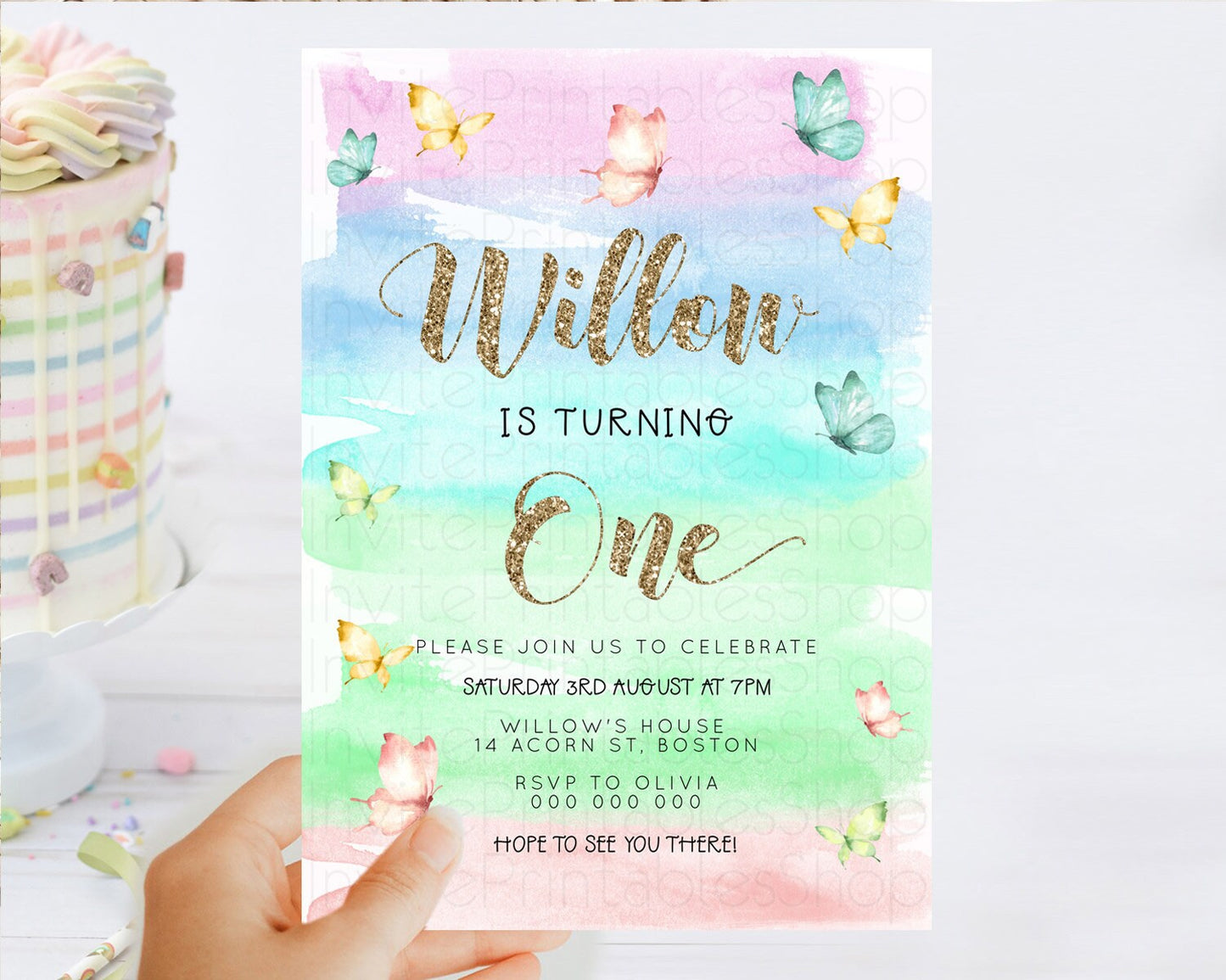 Pastel Butterfly Birthday Invitation Butterfly Birthday Invitation Colorful Splash Glitter Butterfly Garden 1st 2nd Birthday D23226