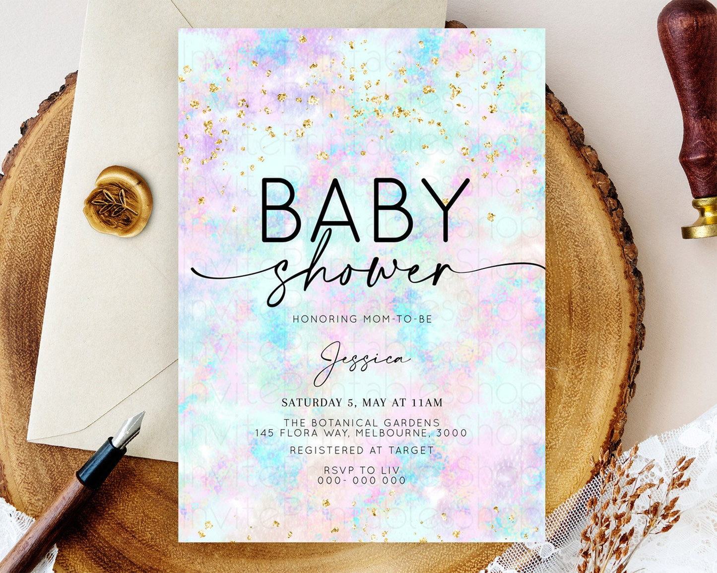 Pastel Baby Shower Invitation Rainbow Baby Shower Invitation Colorful Pastel Watercolor Invitation Gold Glitter Sprinkles Ombre D10652