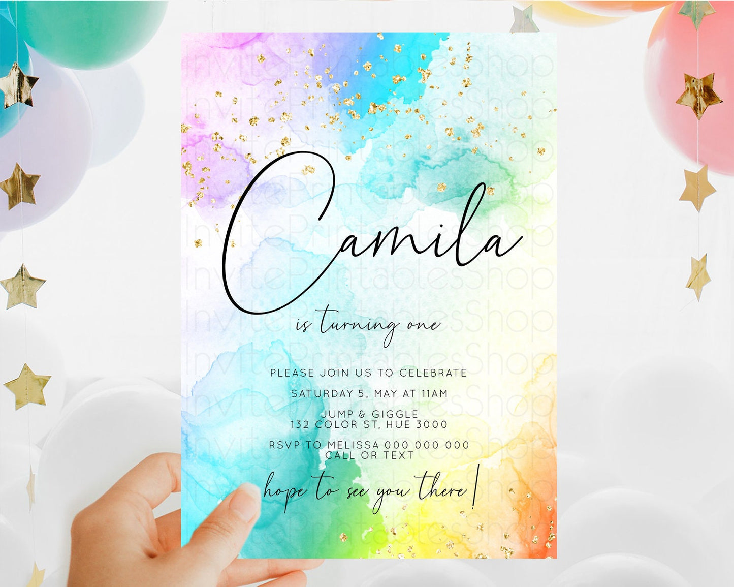 Rainbow Birthday Invitation Colorful Pastel Watercolor Invitation Gold Glitter Sprinkles Ombre Pastel 1st 2nd 3rd Birthday D10771