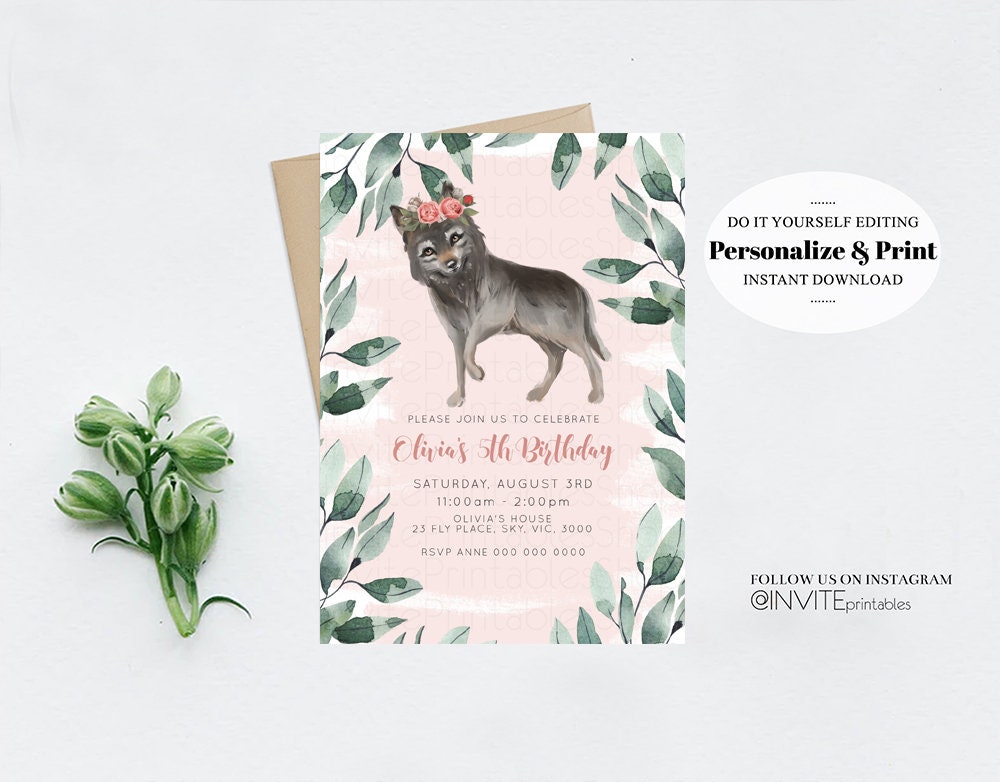 Wolf Invitation Wolf Birthday Invite Grey Baby Wolf Tribal Boho Pink Pastel Flower Crown Greenery Garden Forest Custom Invite