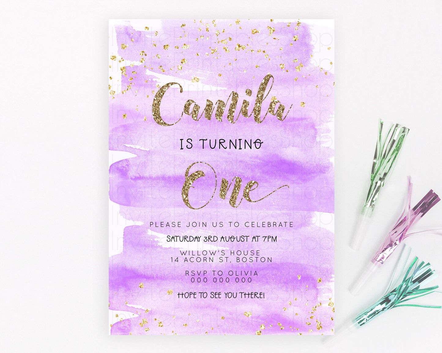 Purple Birthday Invitation Purple Watercolor Invite Pastel Purple Watercolor Invitation Purple Splash Gold Invitation First Birthday D23280