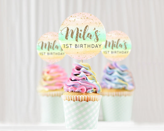 Editable Rainbow Cupcake Toppers Pastel Cupcake Toppers Colorful Pastel Wate