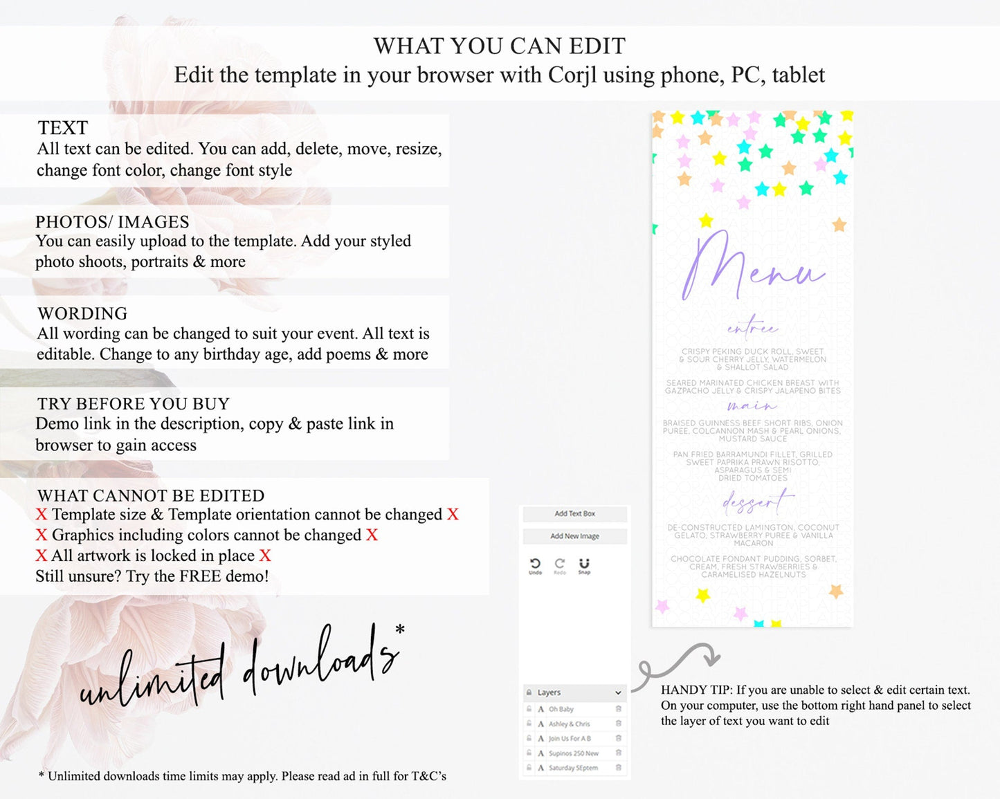 Star Menu Template Pastel Stars Menu Shooting Star Twinkle Little Star Decor Rainbow Colorful Confetti Dinner Dessert Food Menu D10395