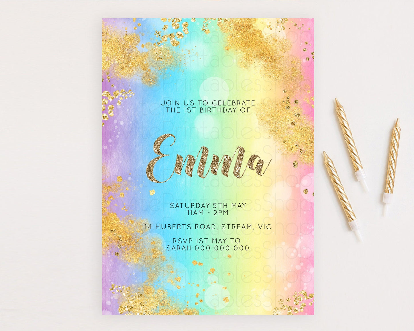Rainbow Birthday Invitation Colorful Pastel Watercolor Invitation Gold Glitter Sprinkles Ombre Pastel 1st 2nd 3rd Birthday D10561