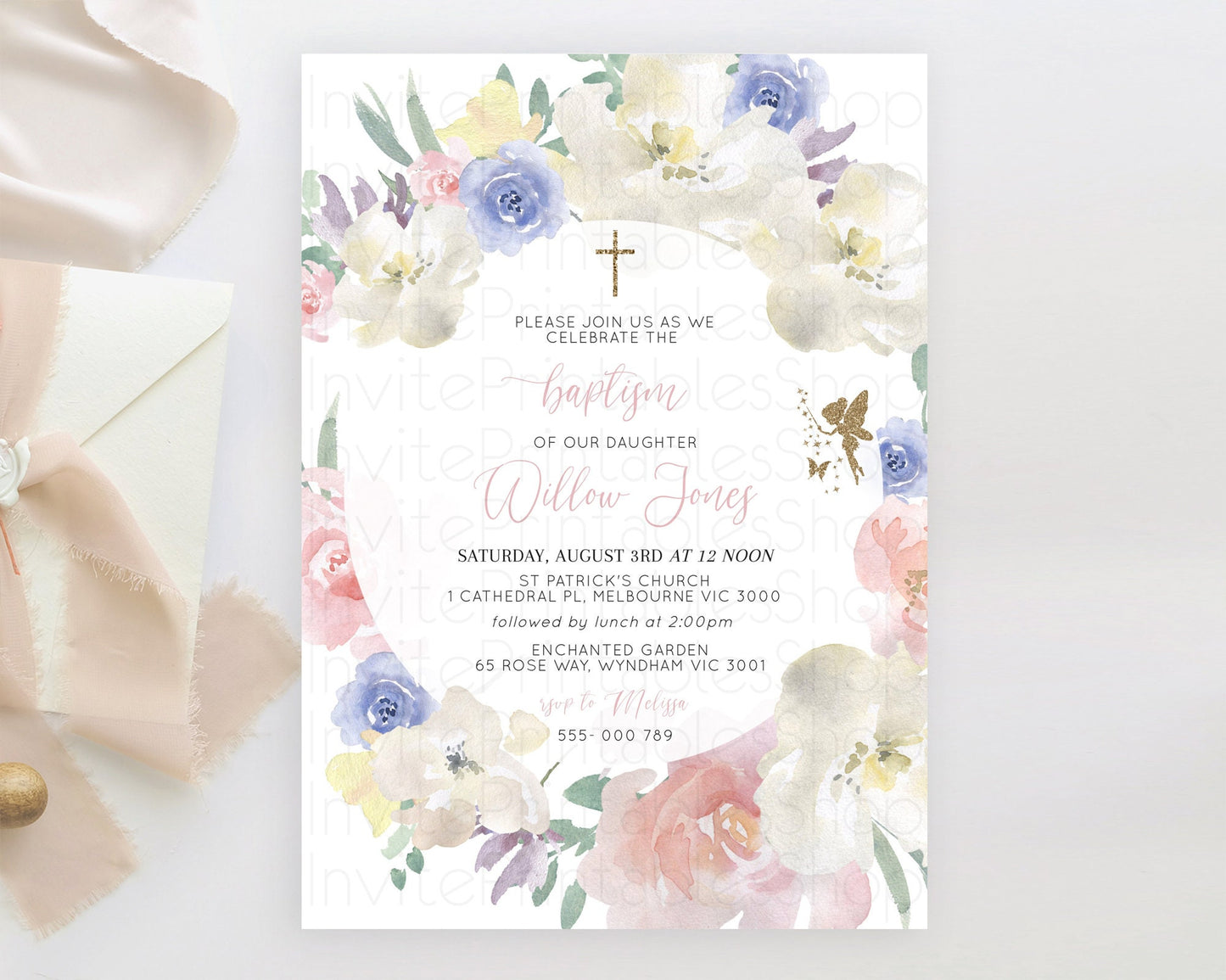 Fairy Baptism Invitation Fairy Baptism 1st Birthday Invitation Enchanted Secret Garden Christening Invite Pastel Floral Butterfly D10852