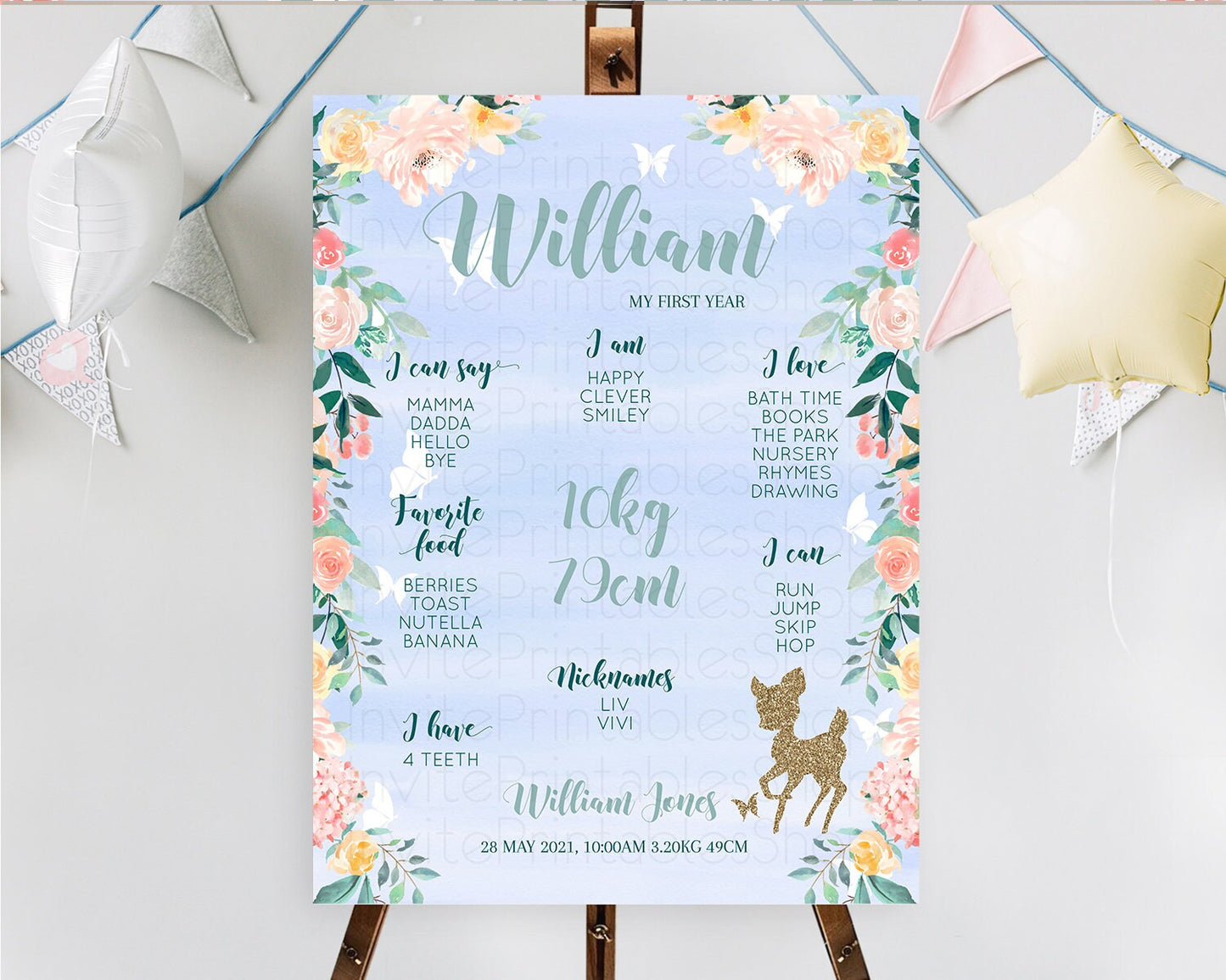 Fawn First Birthday Milestone Board Deer First Birthday Milestone Poster Enchanted Forest Butterfly Pastel Flowers 1st Birthday Sign D10875