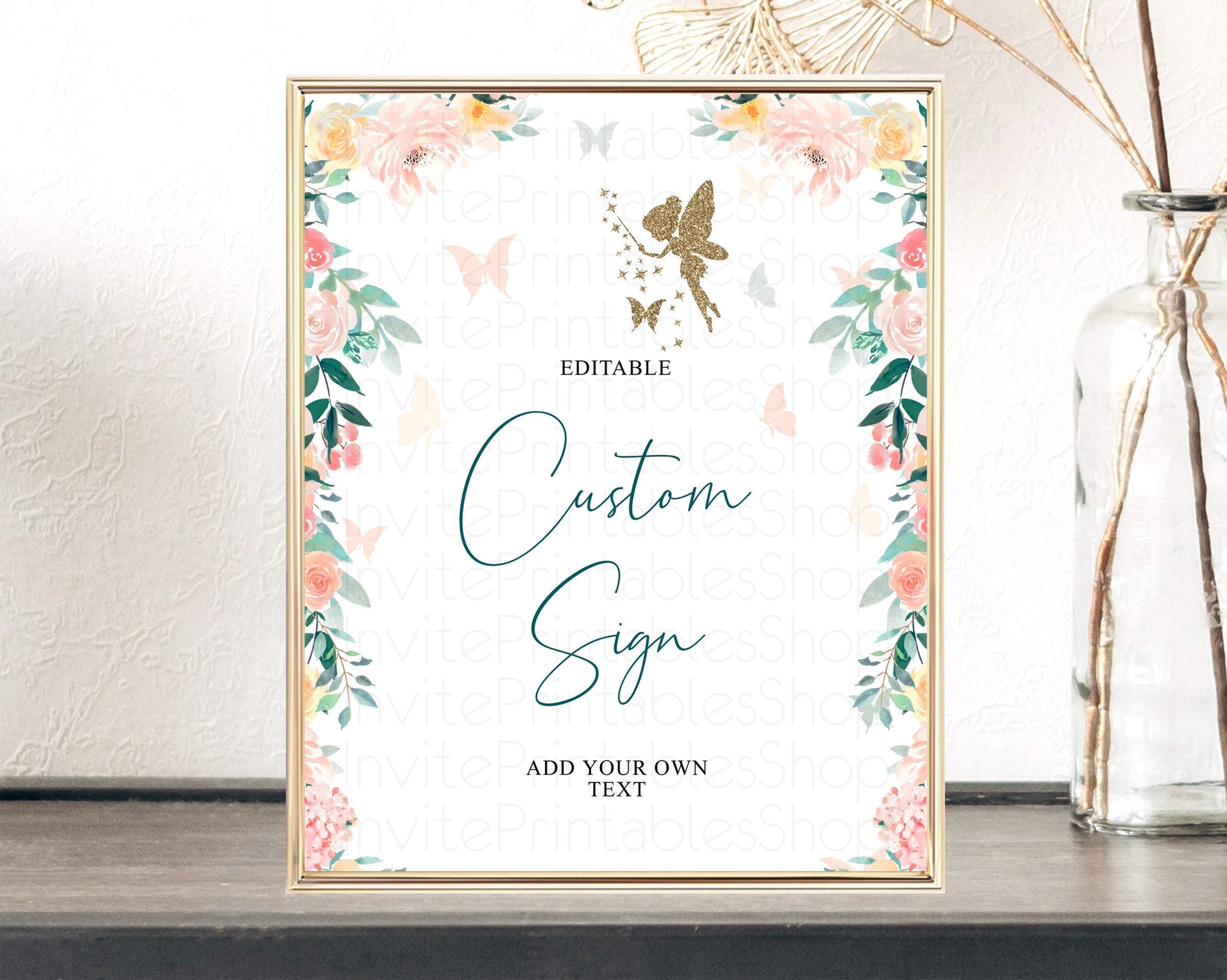 Editable Fairy Sign Enchanted Garden Table Sign Decor Pastel Floral Butterfl
