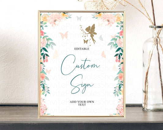 Editable Fairy Sign Enchanted Garden Table Sign Decor Pastel Floral Butterfl