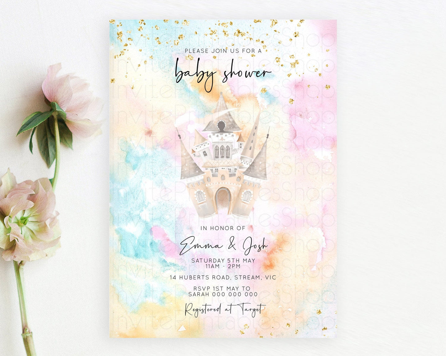 Princess Baby Shower Princess Invitation Pastel Watercolor Invitation Royal Baby Invitation Rainbow Colorful Enchanted Castle D11029