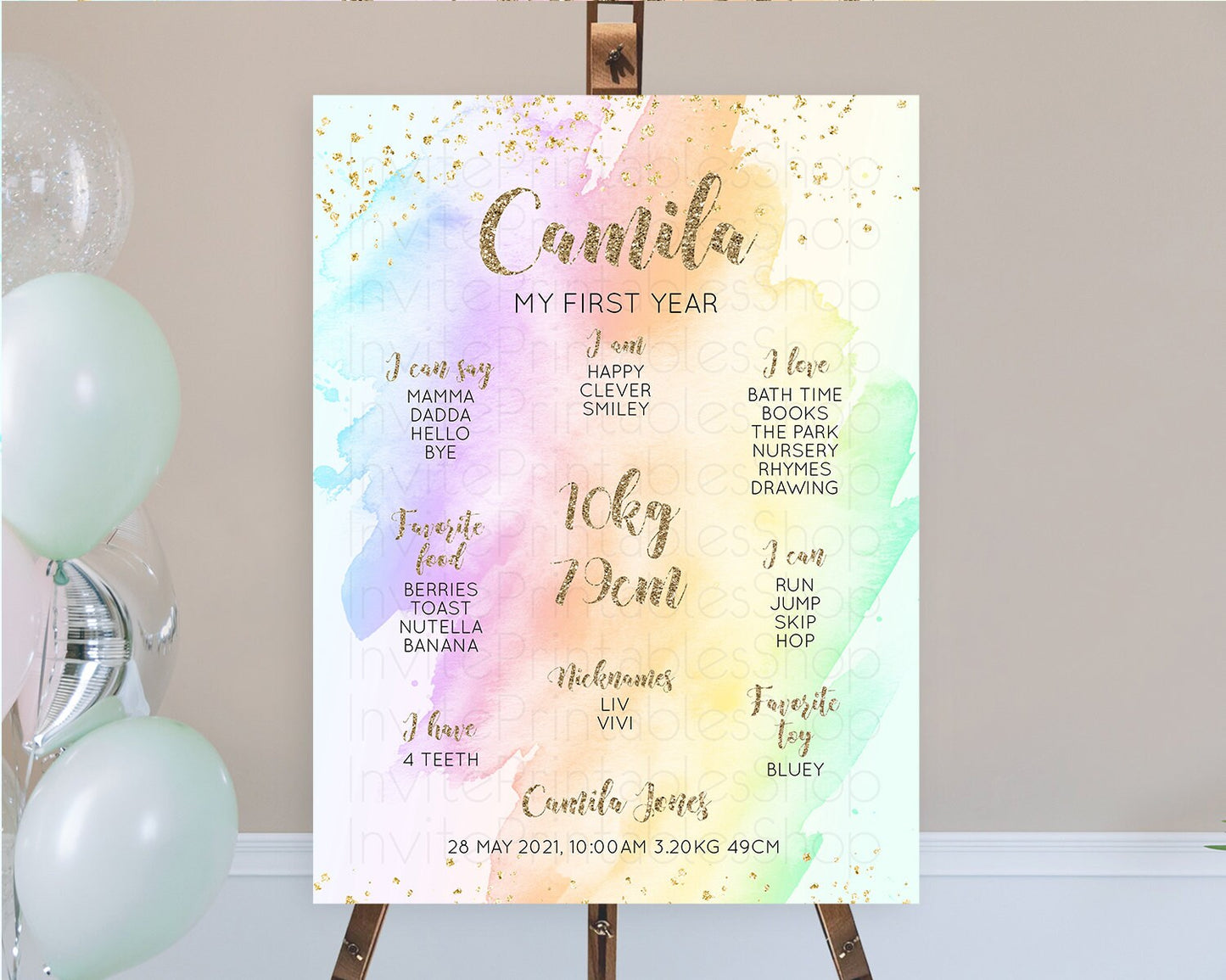 Pastel First Birthday Milestone Board Pastel Rainbow Milestone Poster Colorful Confetti Watercolor Glitter 1st Birthday Welcome Sign D10643