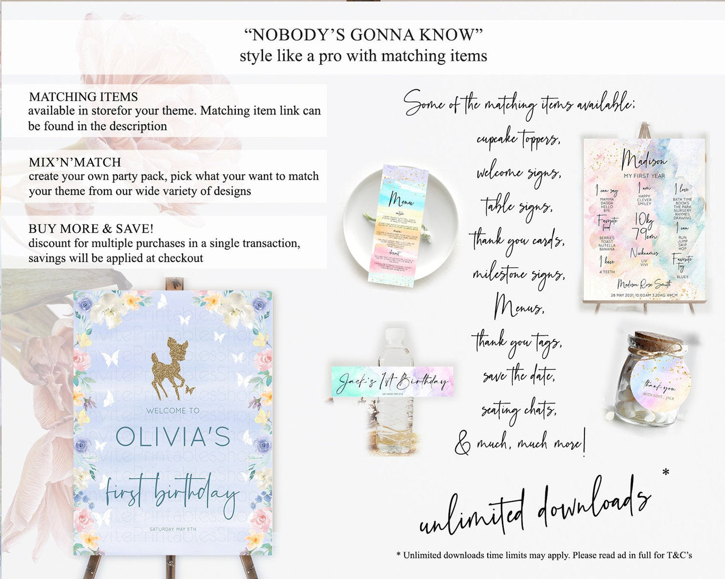 Fawn Welcome Sign Deer Welcome Board Floral Deer Welcome Poster Enchanted Forest Butterfly Pastel Floral First Birthday Welcome Sign D10879