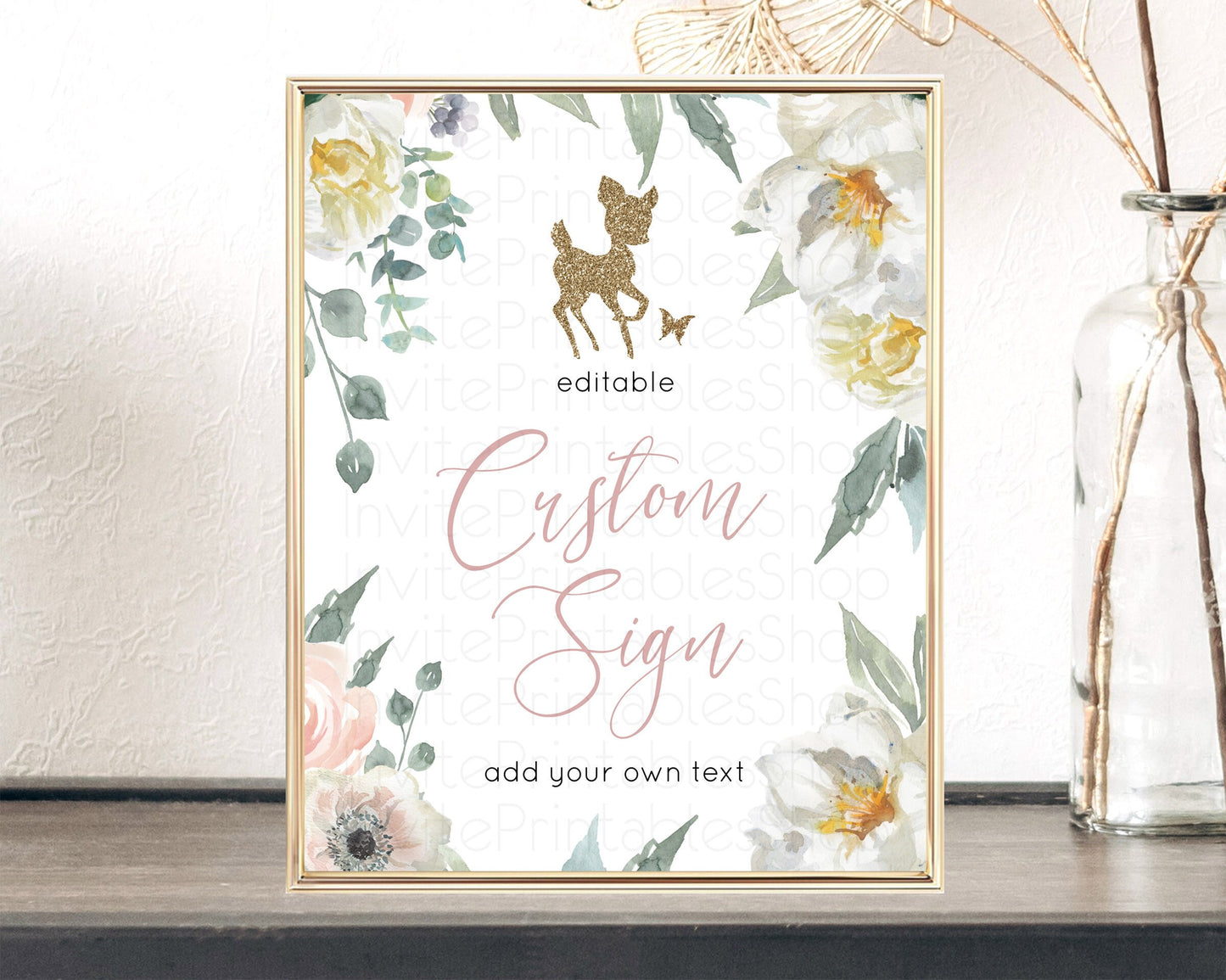 Fawn Deer Sign Pastel Floral Deer Table Sign Decor  Enchanted Forest Butterfly Party 1st Birthday Baptism Baby Shower Bridal Shower D10120