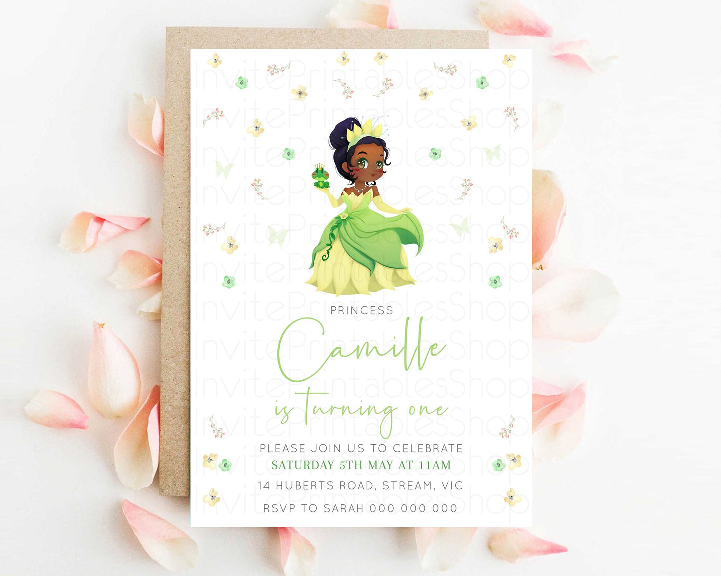 Princess Tiana Birthday Invitation Enchanted Castle Rose Garden Pastel Flowers Confetti Floral Sprinkles Colorful 1st 2nd 3rd Birthday