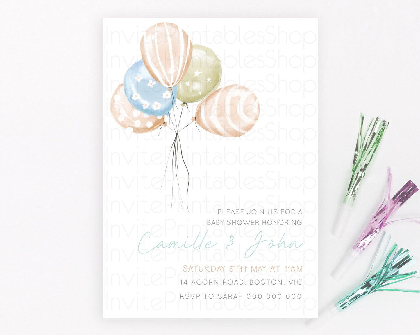 Pastel Balloon Baby Shower Invitation Pastel Balloon Pink Blue Gold Invitation Colorful Pastel Rainbow Balloon Baby Shower Theme d22999