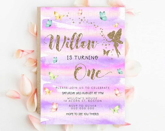 Pastel Fairy Birthday Invitation Pastel Butterflies Fairy Birthday Invitation Rainbow Ombre Watercolor 1st 2nd Birthday Invitation D23313