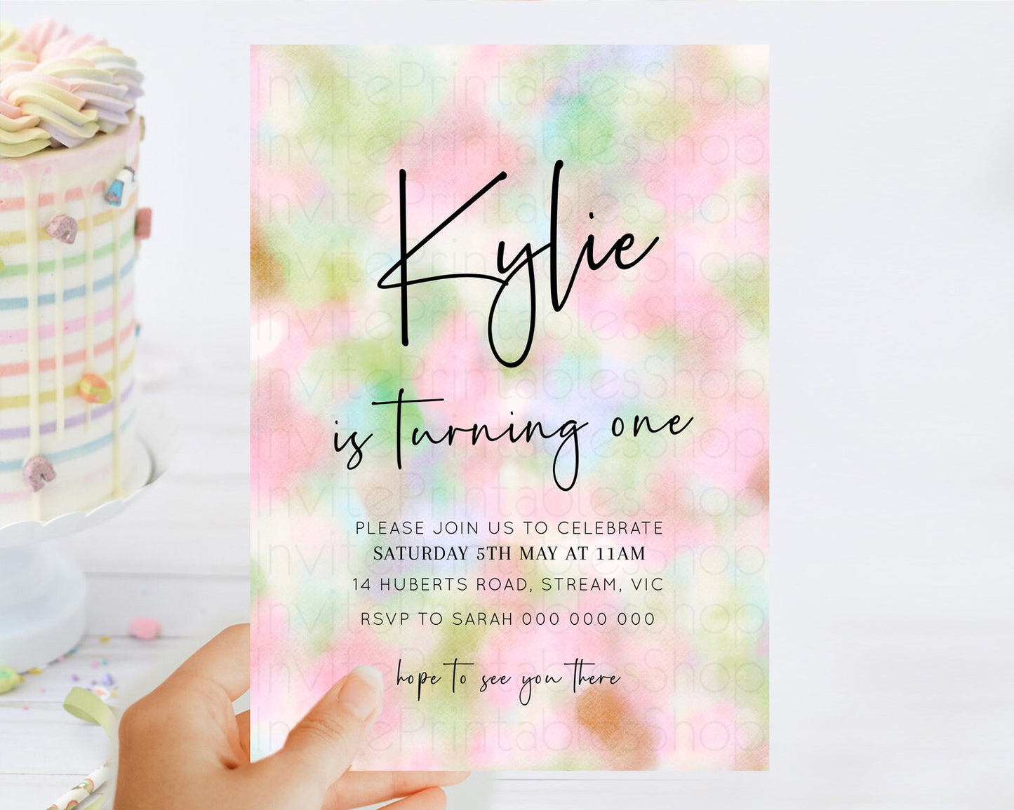 Rainbow Birthday Invitation Colorful Pastel Watercolor Invitation Gold Glitter Sprinkles Ombre Pastel 1st 2nd 3rd Birthday D10698