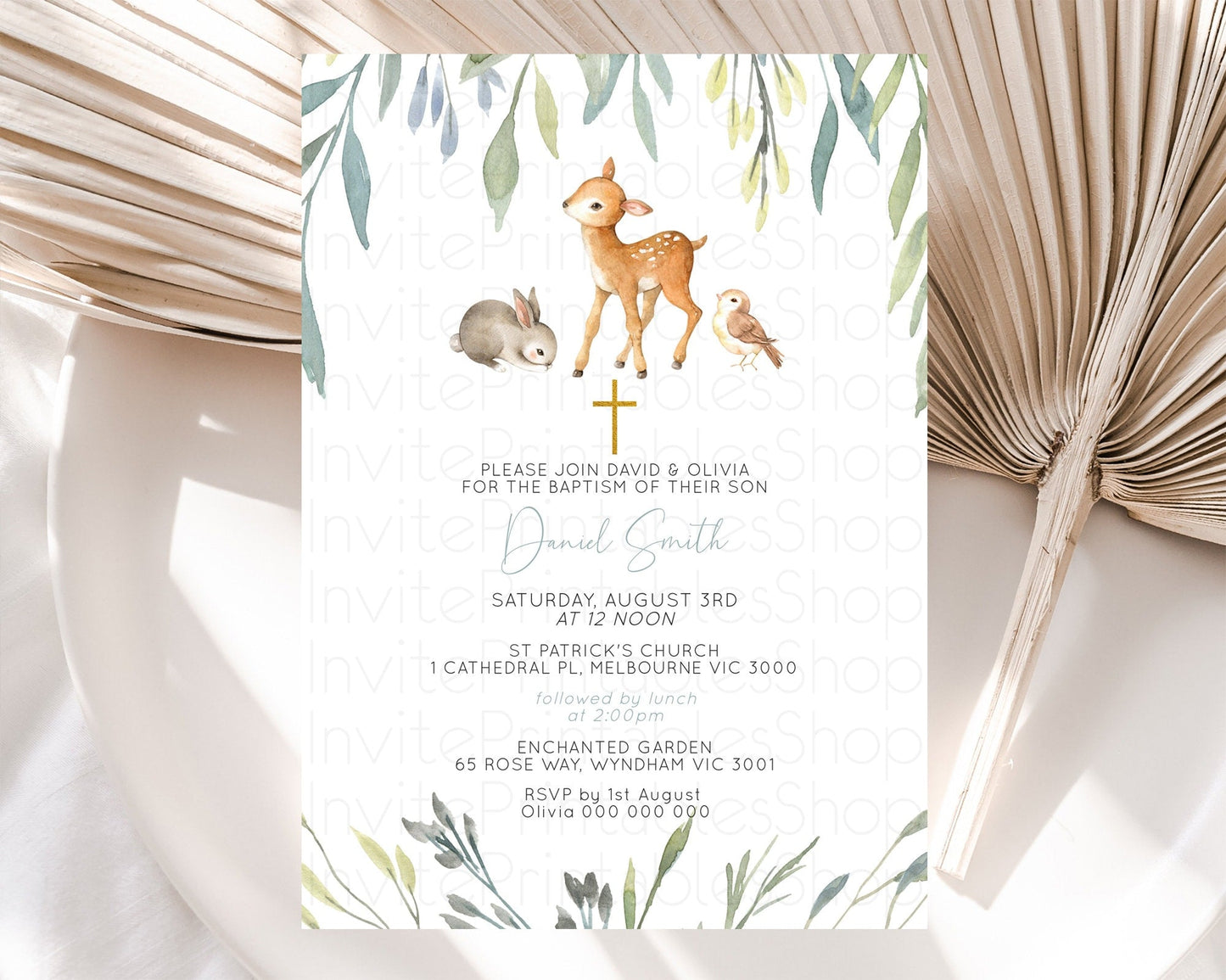 Fawn Baptism Invitation Deer Baptism 1st Birthday Invitation Enchanted Forest Christening Invitation Pastel Garden Butterfly Floral D10919