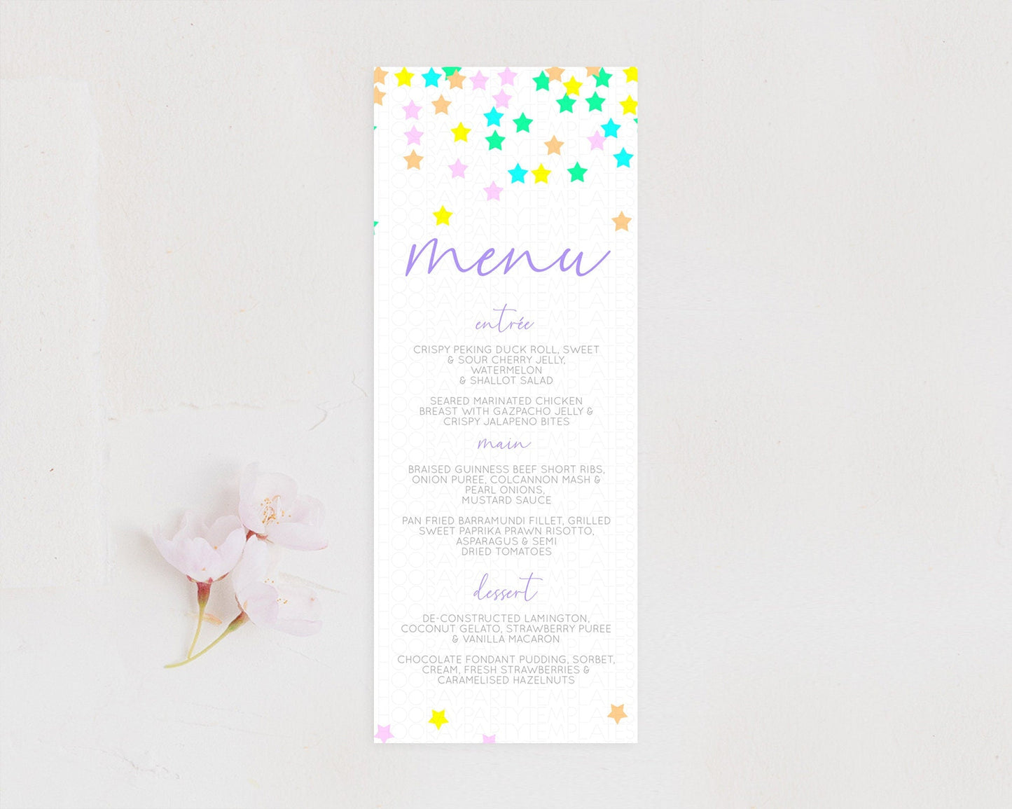 Star Menu Template Pastel Stars Menu Shooting Star Twinkle Little Star Decor Rainbow Colorful Confetti Dinner Dessert Food Menu D10394