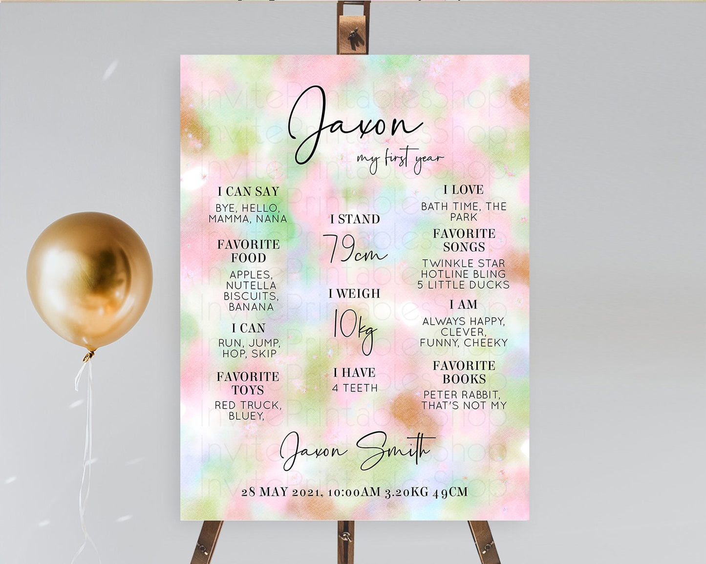 Pastel First Birthday Milestone Board Pastel Rainbow Milestone Poster Colorful Confetti Watercolor Glitter 1st Birthday Welcome Sign D10698
