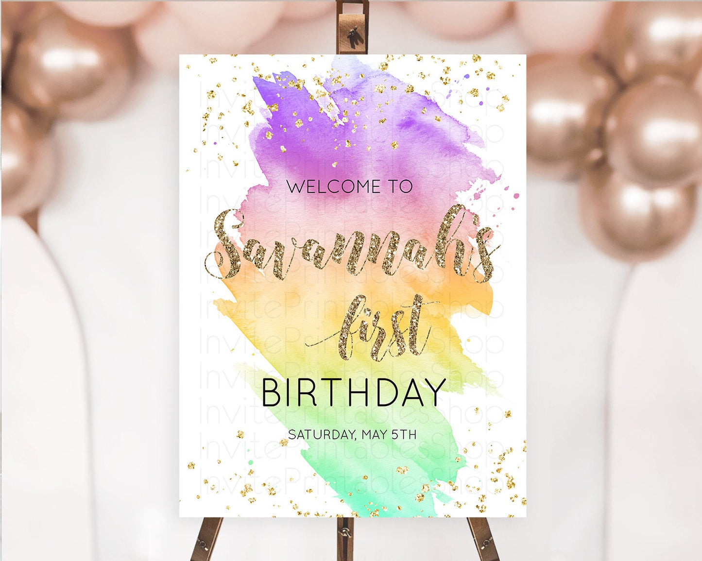 Pastel Welcome Sign Pastel Rainbow Welcome Sign Colorful Rainbow Confetti Watercolor Glitter Pastel First Birthday Welcome Sign D10517