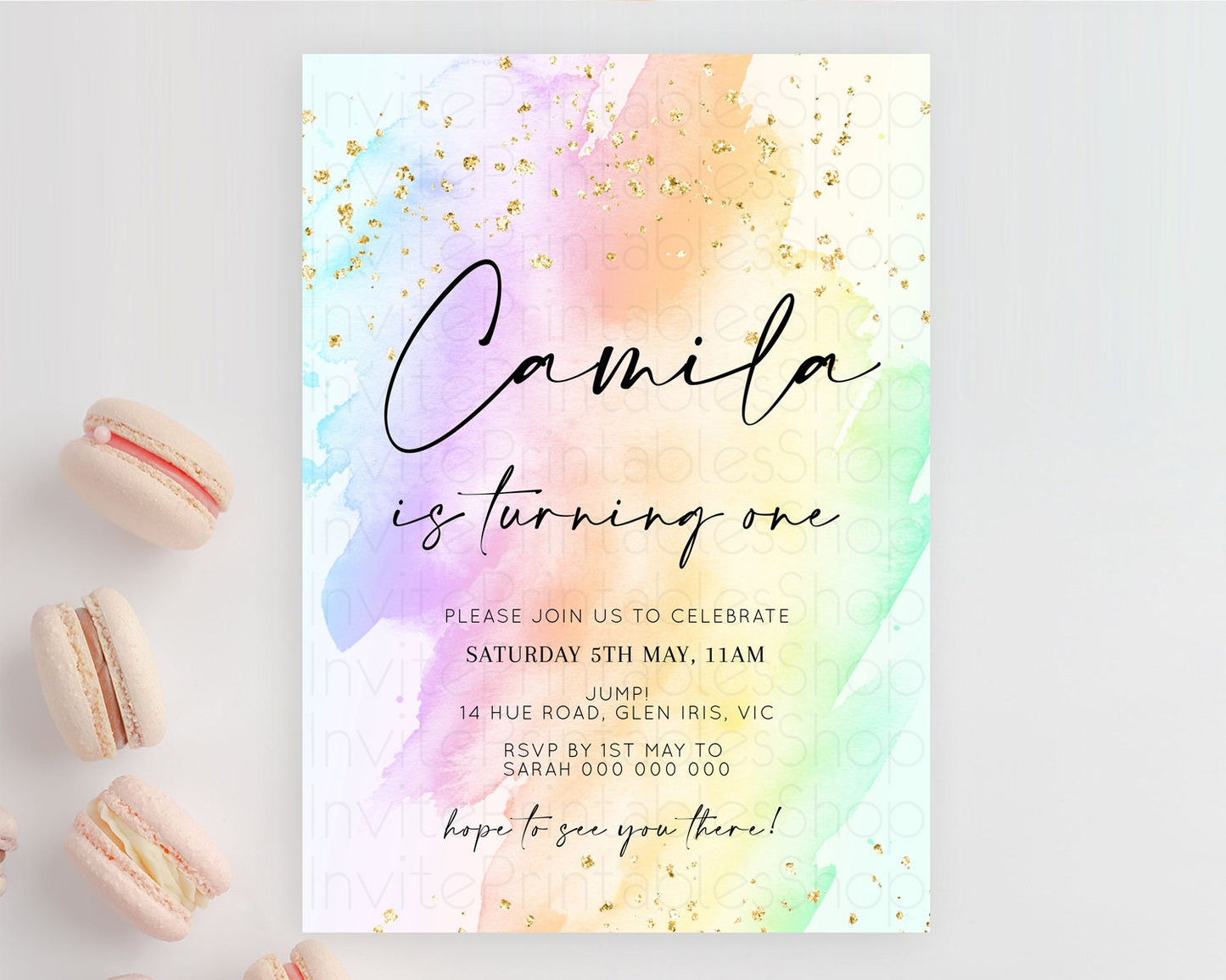 Rainbow Birthday Invitation Colorful Pastel Watercolor Invitation Gold Glitter Sprinkles Ombre Pastel 1st 2nd 3rd Birthday D10645