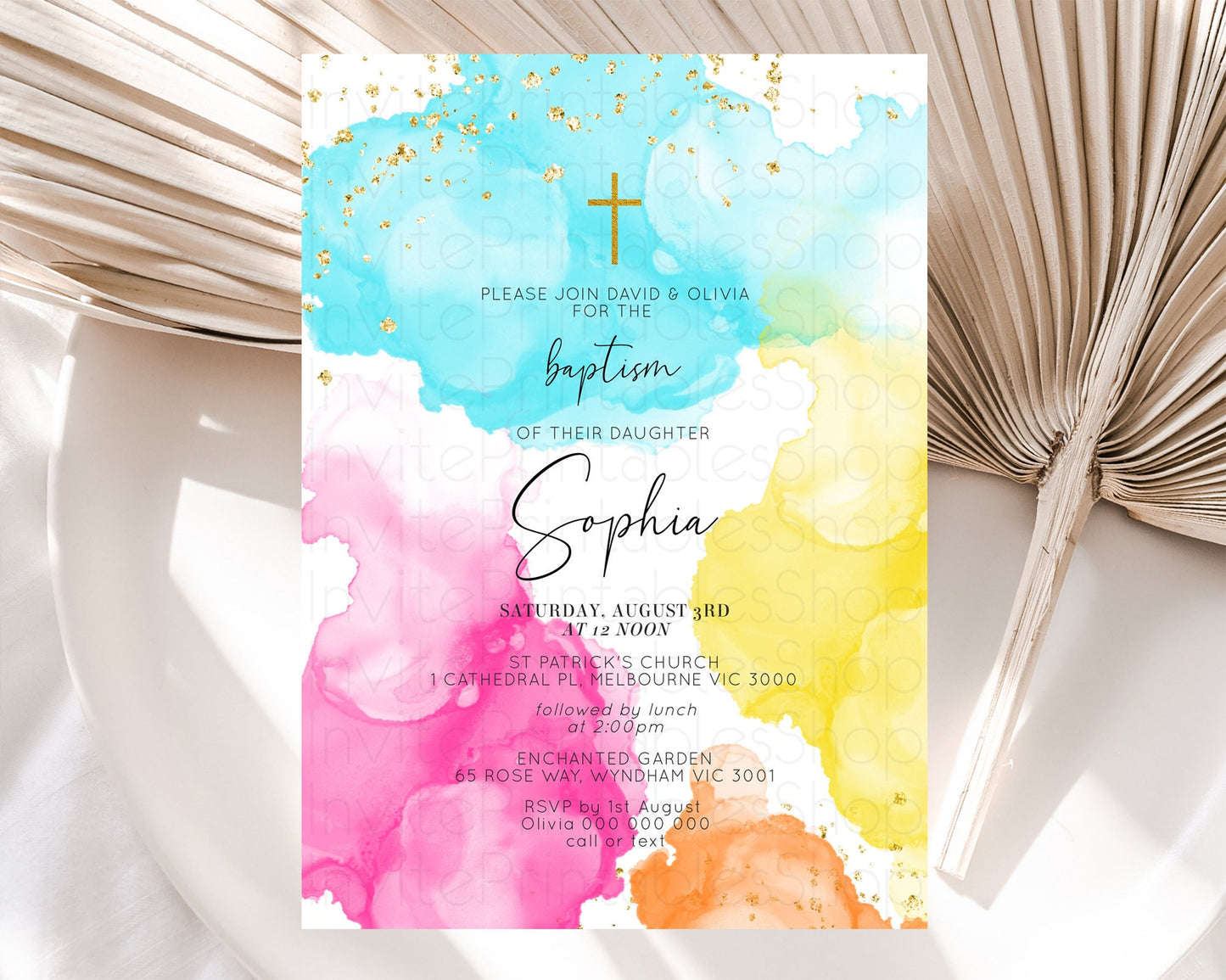 Pastel Baptism Invitation Pastel Colors Watercolor Baptism 1st Birthday Party Gold Ombre Pastel Rainbow Christening Holy Communion D10898