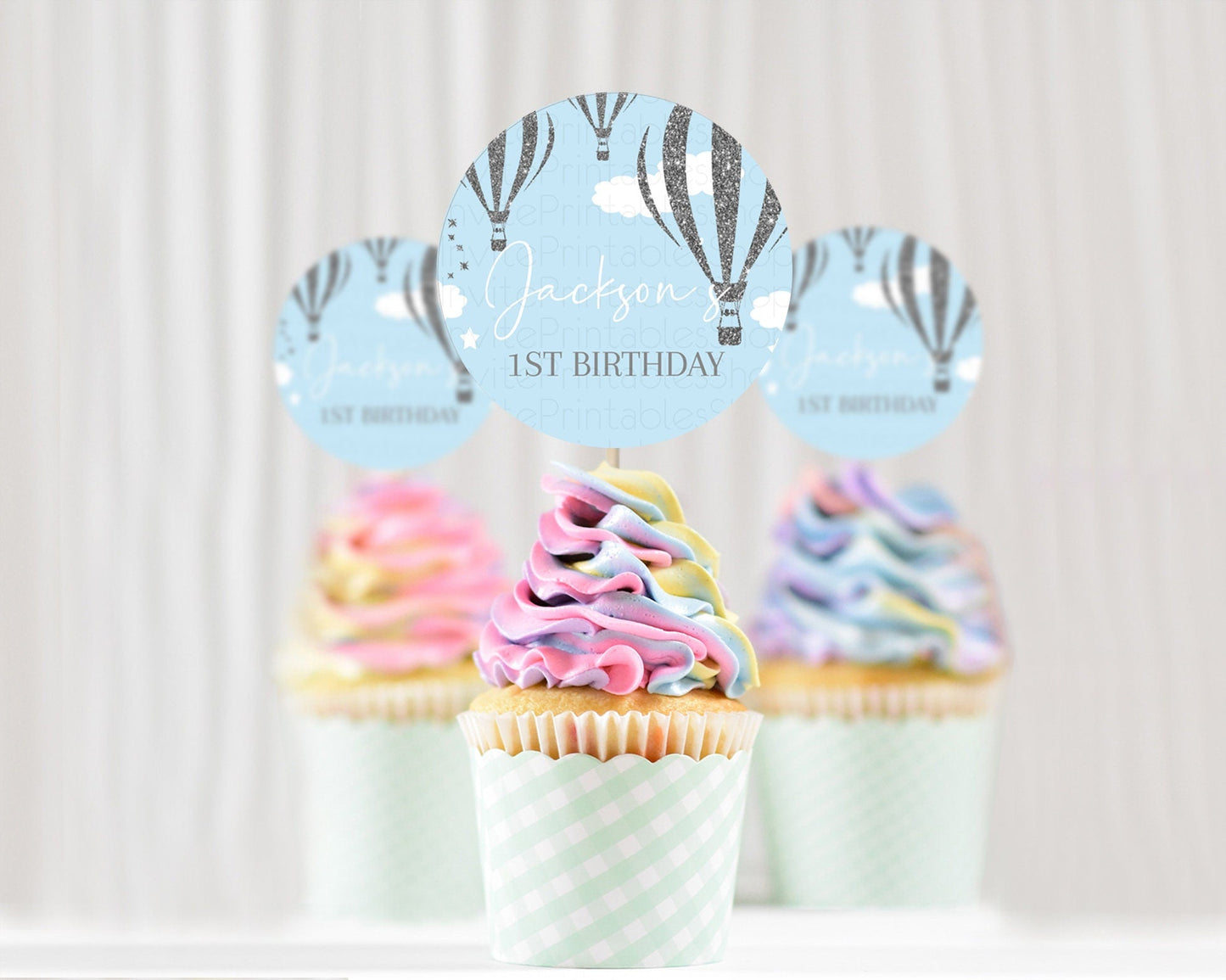 Hot Air Balloon Cupcake Toppers Adventure Awaits Up & Away Glitter Blue Watercolor Cupcake Topper Hot Air Balloon Party Decor D10335