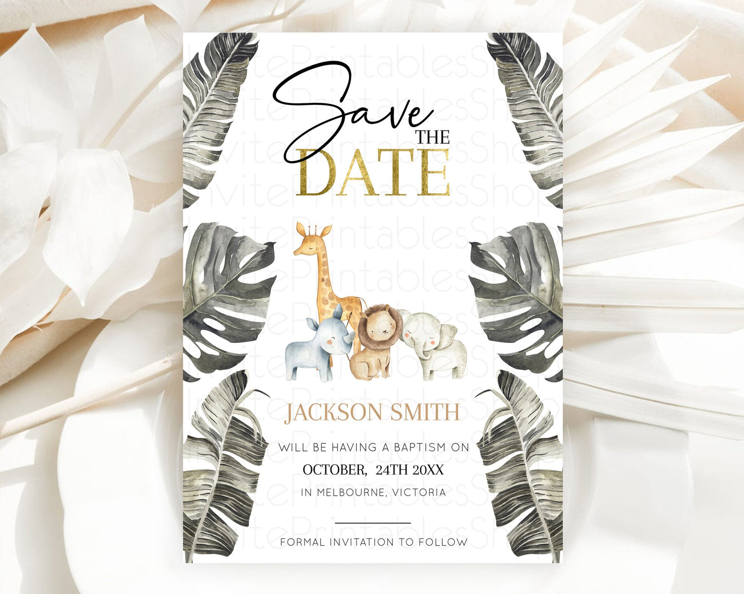 Safari Save The Date Template Lion Gorilla Elephant Rhino Animals Party Tropical Palm Zoo Theme For 1st Birthday Baptism Baby Shower D10599