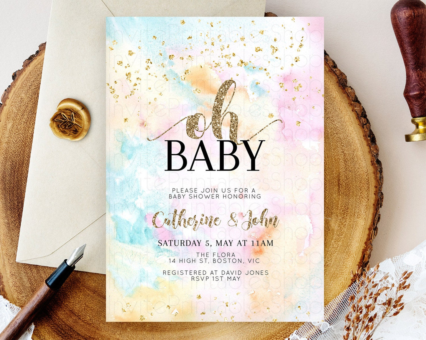 Pastel Baby Shower Invitation Rainbow Baby Shower Invitation Colorful Pastel Watercolor Invitation Gold Glitter Sprinkles Ombre D10548