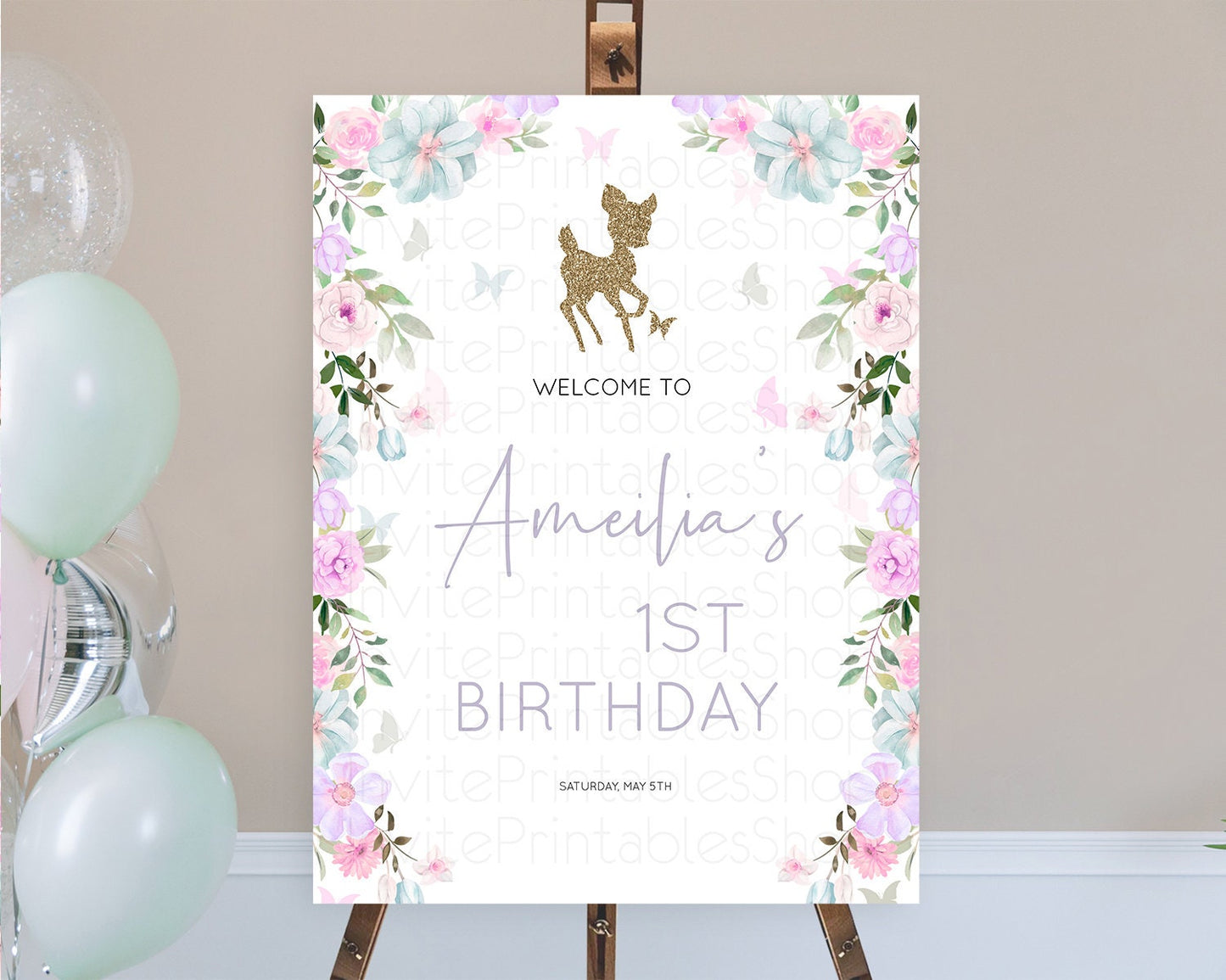 Fawn Welcome Sign Deer Welcome Board Floral Deer Welcome Poster Enchanted Forest Butterfly Pastel Floral First Birthday Welcome Sign D10476