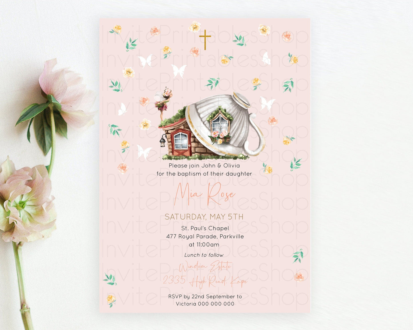 Fairy Baptism Invitation Fairy Baptism 1st Birthday Invitation Enchanted Secret Garden Christening Invite Pastel Floral Butterfly D10384