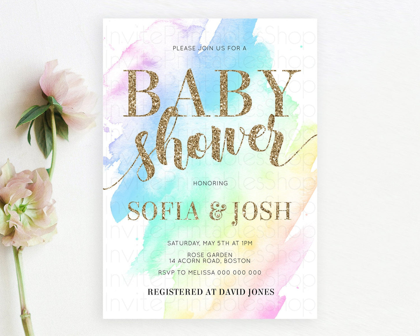 Pastel Baby Shower Invitation Rainbow Baby Shower Invitation Colorful Pastel Watercolor Invitation Gold Glitter Sprinkles Ombre D10637