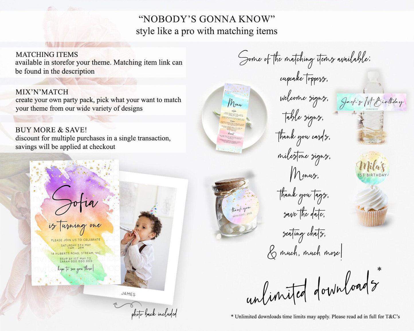 Rainbow Birthday Invitation Colorful Pastel Watercolor Invitation Gold Glitter Sprinkles Ombre Pastel 1st 2nd 3rd Birthday D10518