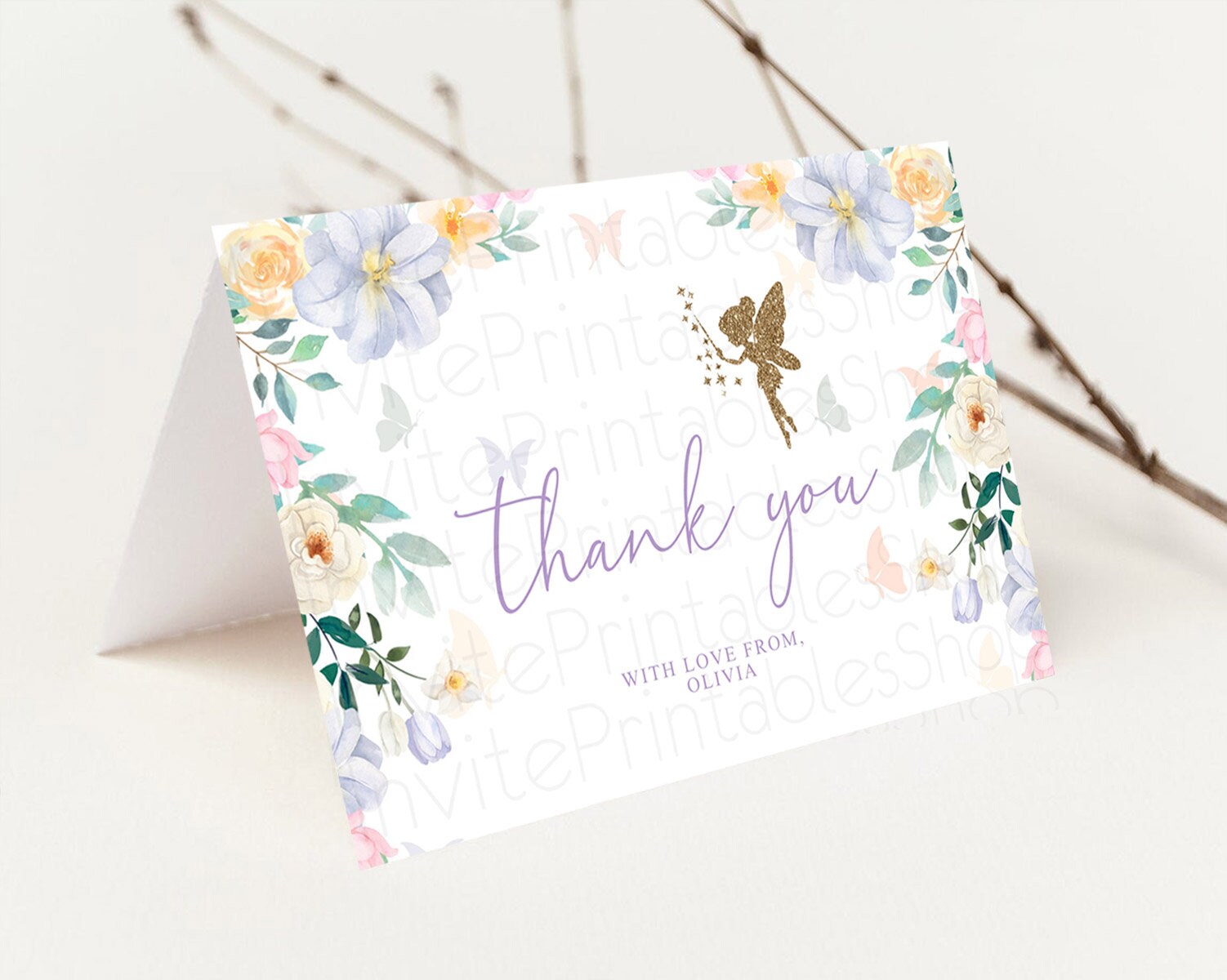 Editable Fairy Thank You Fairy Thank You Card Enchanted Garden Pastel Butter